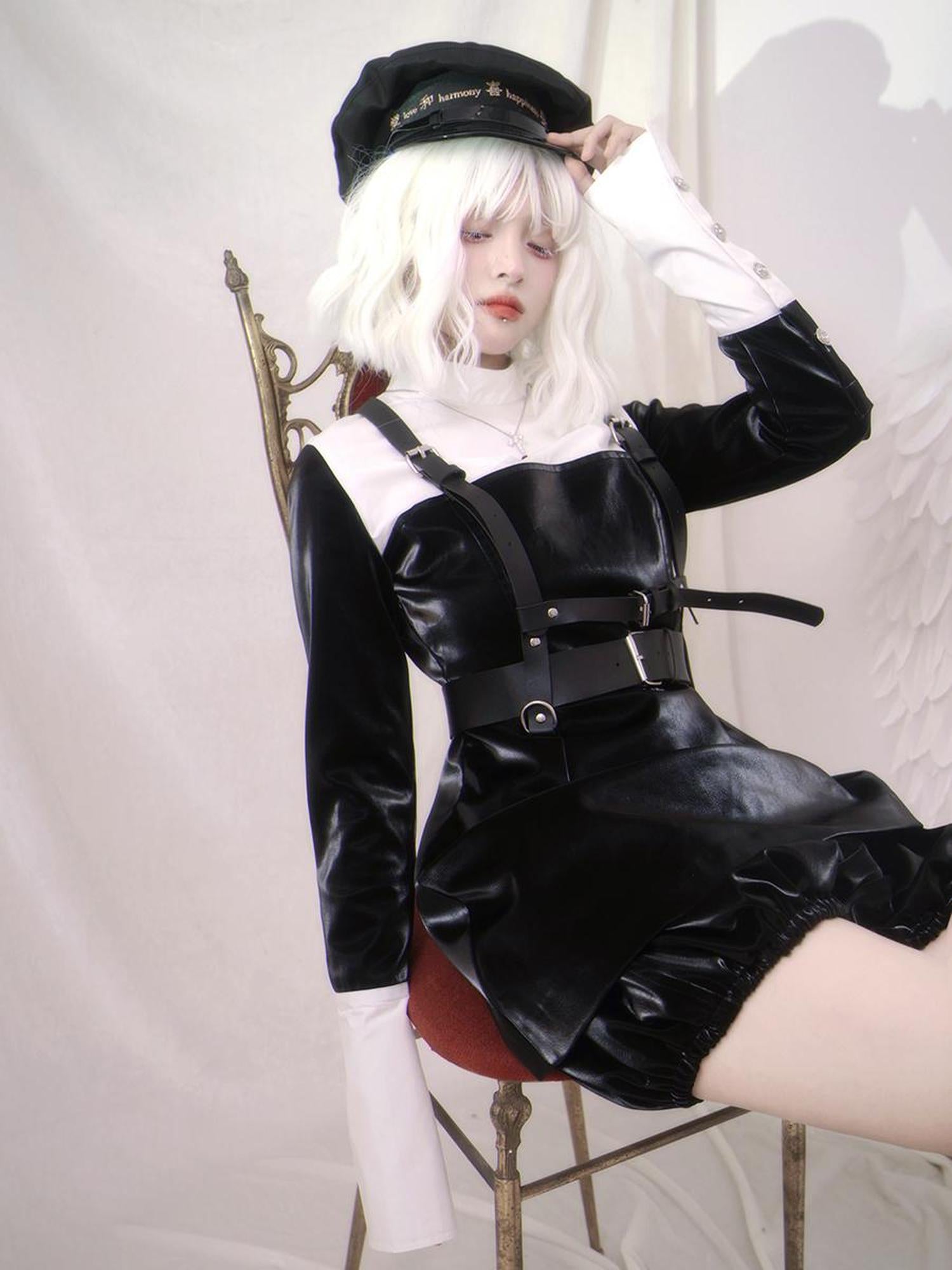 Daytoday Gothic Grid Leather Trim Lace Up Heart Print Dress V Neck Long Sleeve