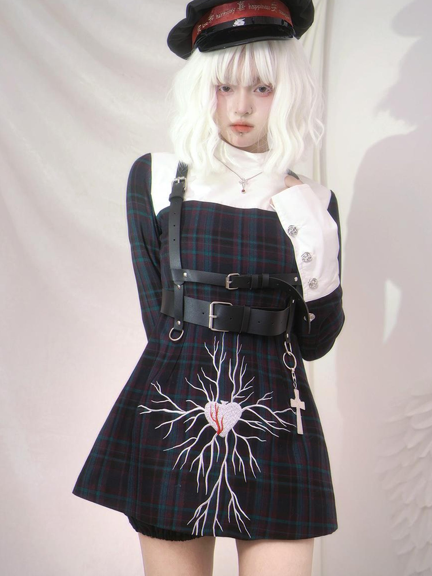 Daytoday Gothic Grid Leather Trim Lace Up Heart Print Dress V Neck Long Sleeve