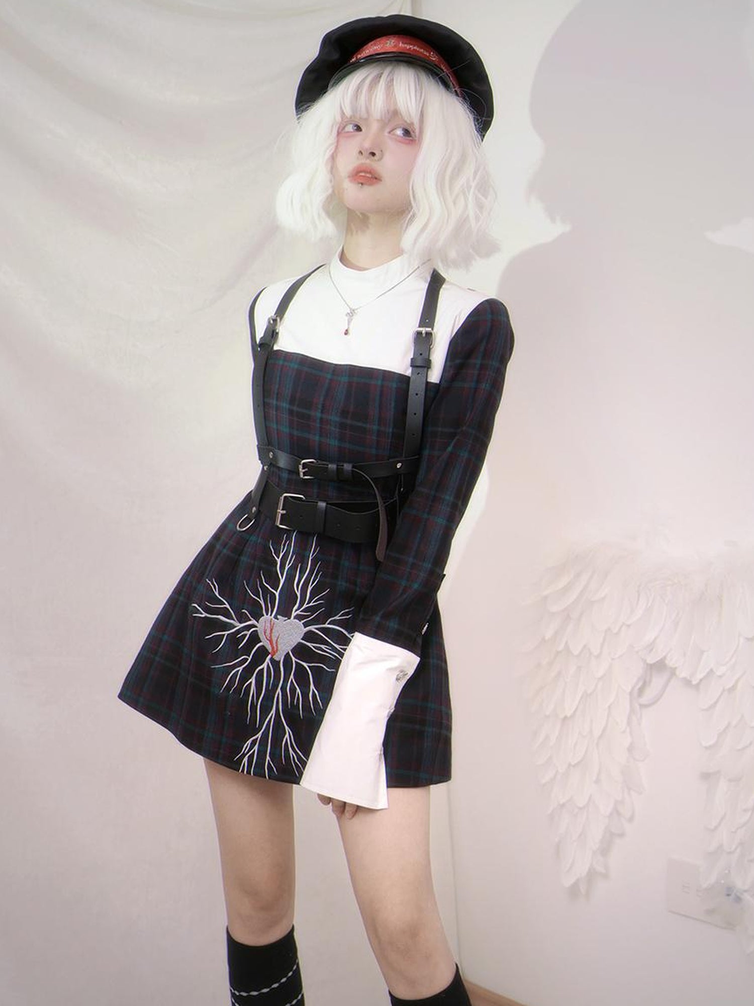 Daytoday Gothic Grid Leather Trim Lace Up Heart Print Dress V Neck Long Sleeve