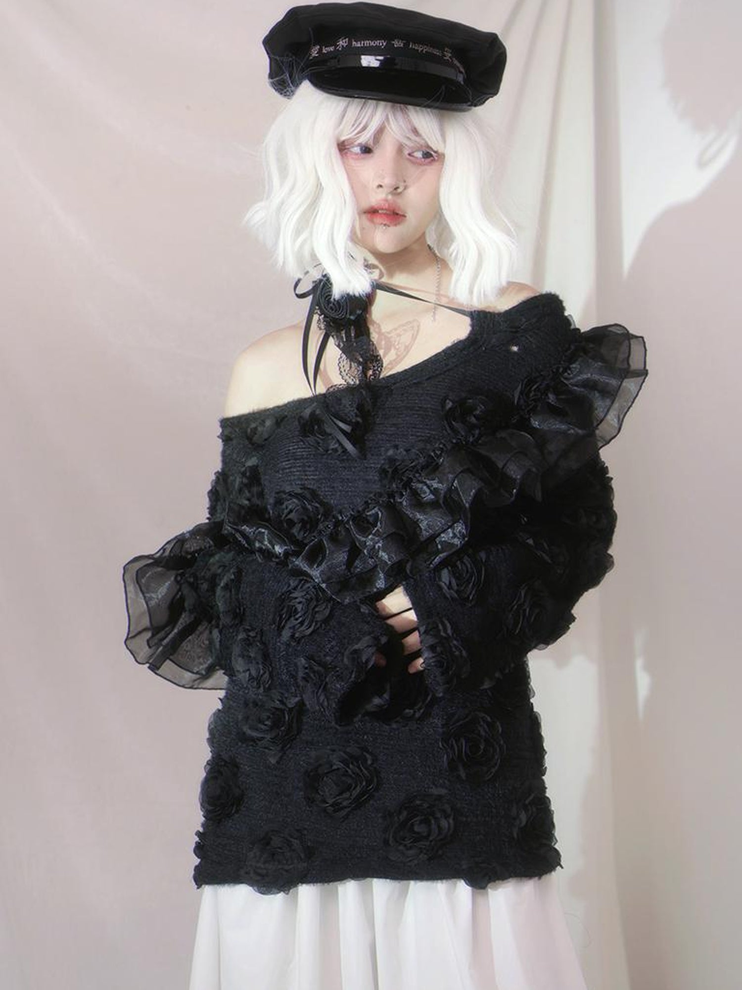 Daytoday Heavenly Bloom Knit Top With 3D Roses V Neck T Shirt Long Sleeve