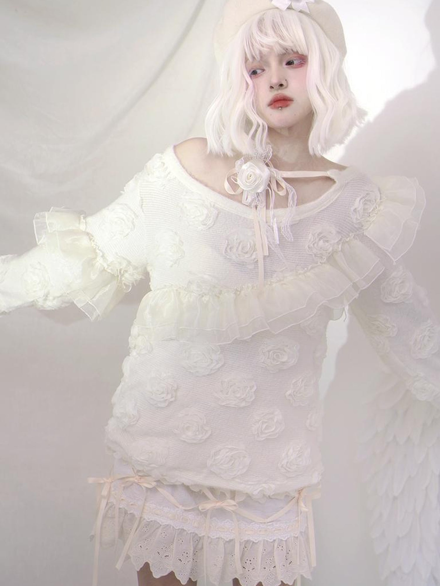 Daytoday Heavenly Bloom Knit Top With 3D Roses V Neck T Shirt Long Sleeve