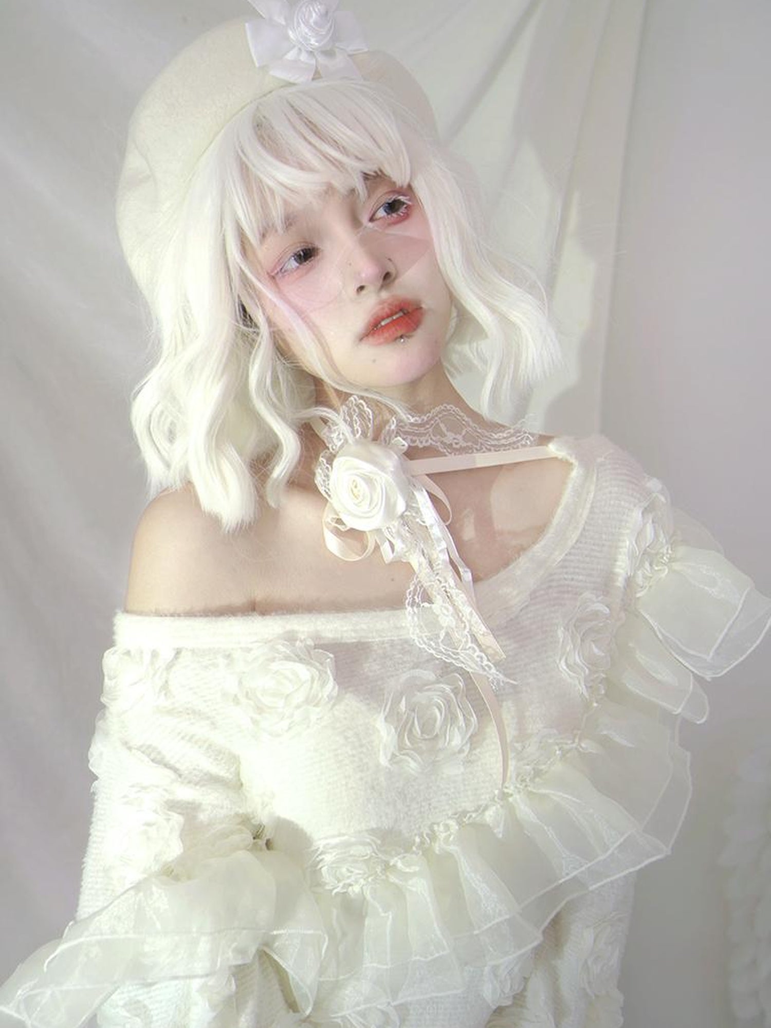 Daytoday Heavenly Bloom Knit Top With 3D Roses V Neck T Shirt Long Sleeve