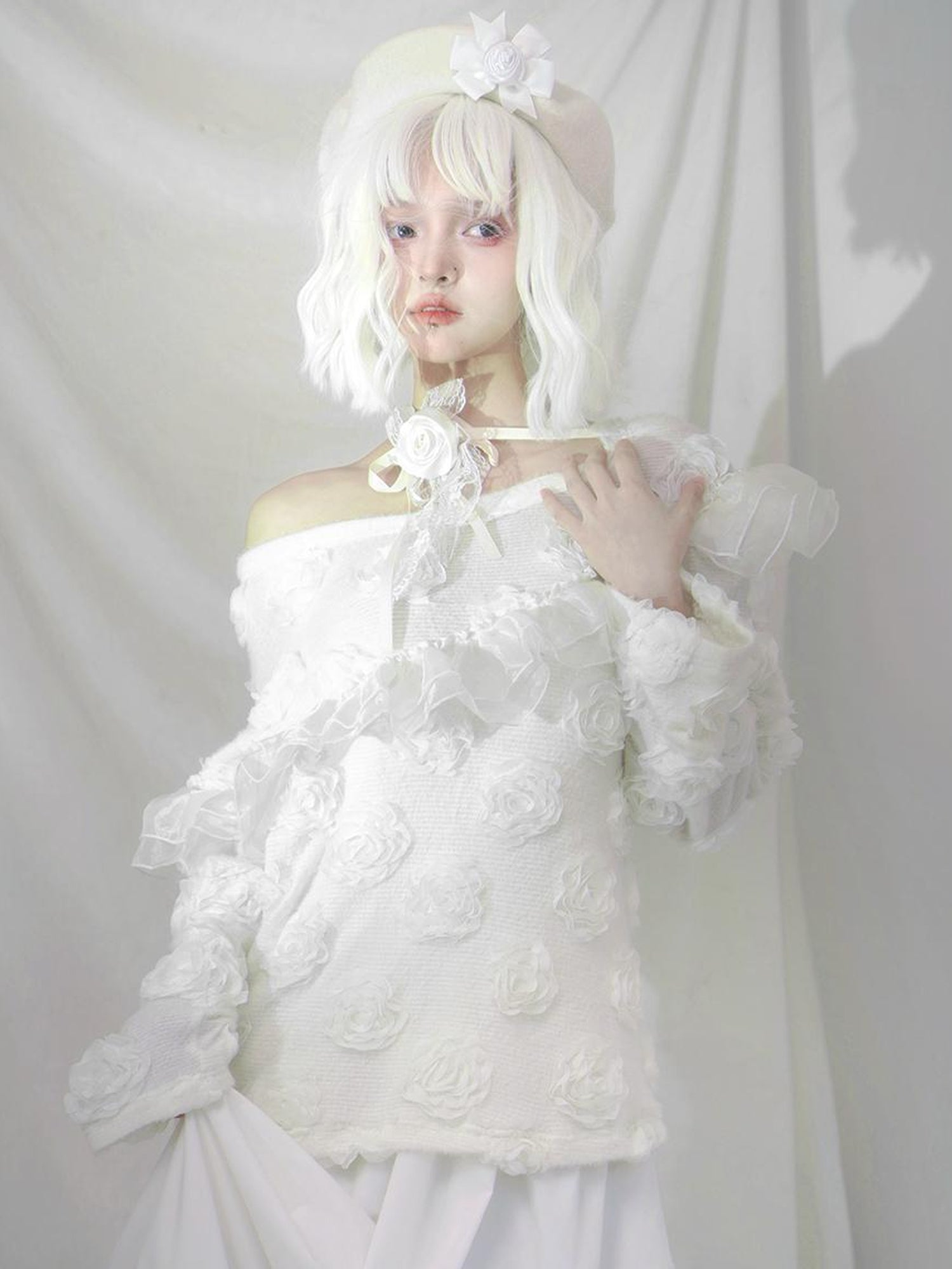 Daytoday Heavenly Bloom Knit Top With 3D Roses V Neck T Shirt Long Sleeve