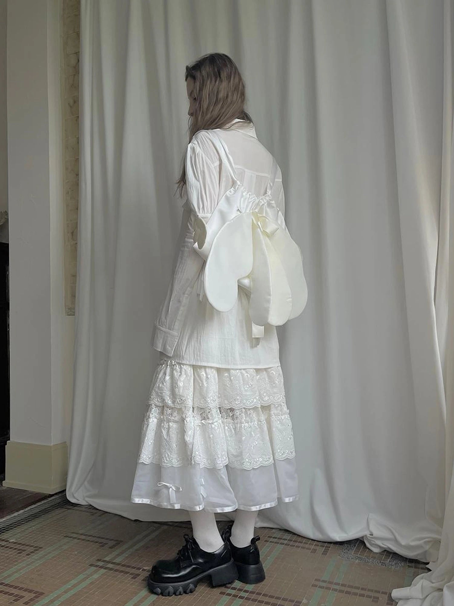 Lace Bow Embroidered Angel Maxi Skirt