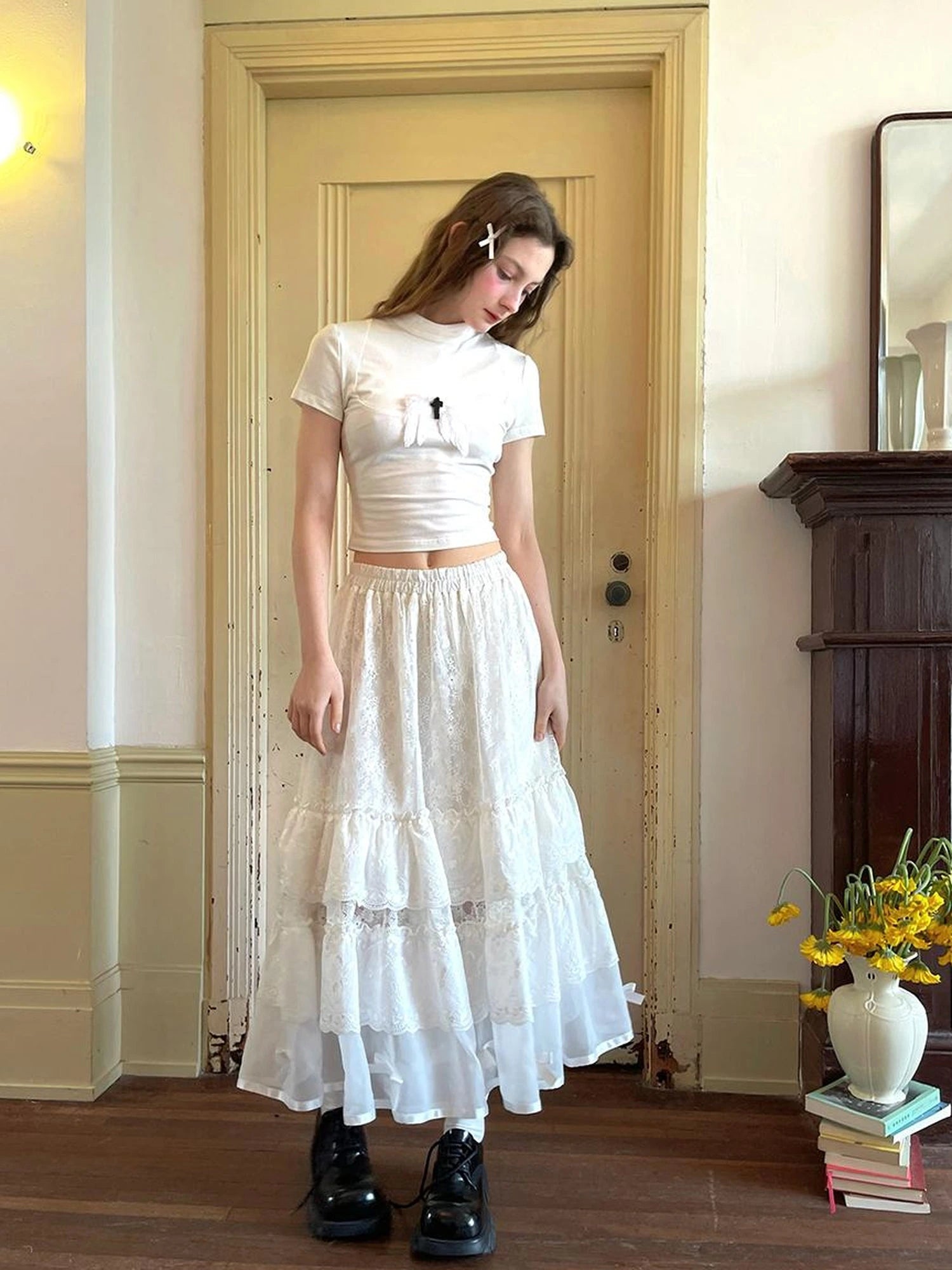 Lace Bow Embroidered Angel Maxi Skirt