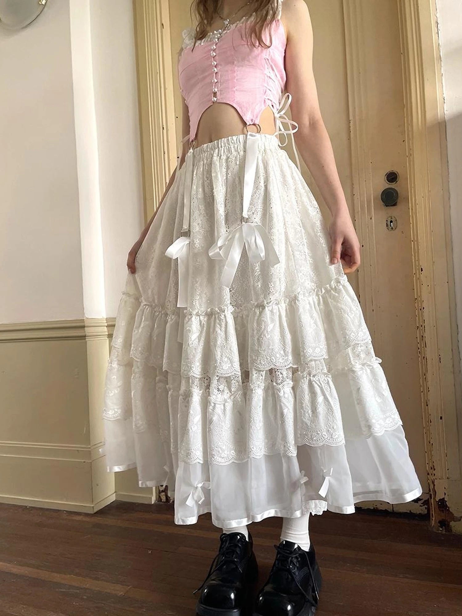 Lace Bow Embroidered Angel Maxi Skirt