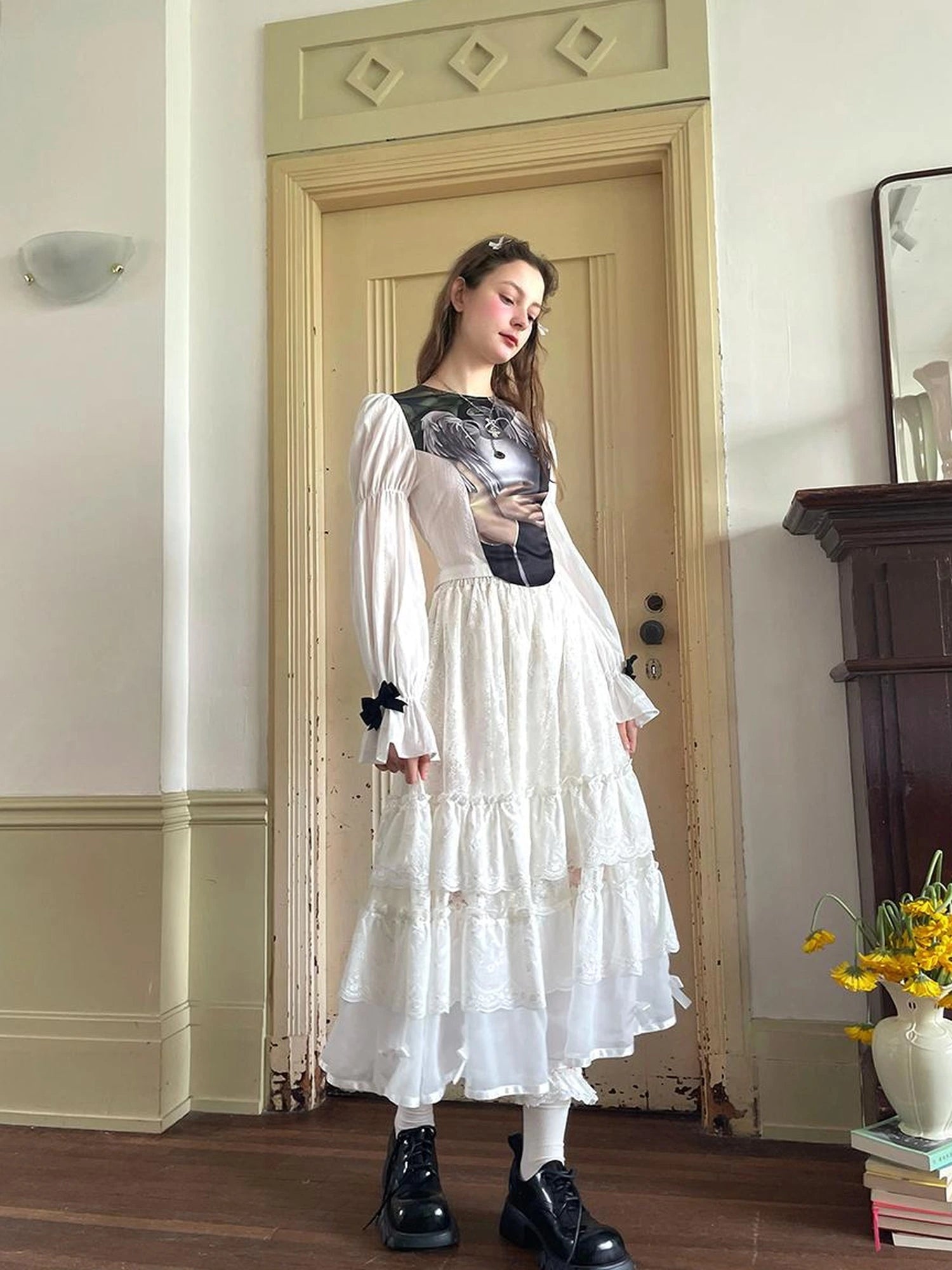 Lace Bow Embroidered Angel Maxi Skirt