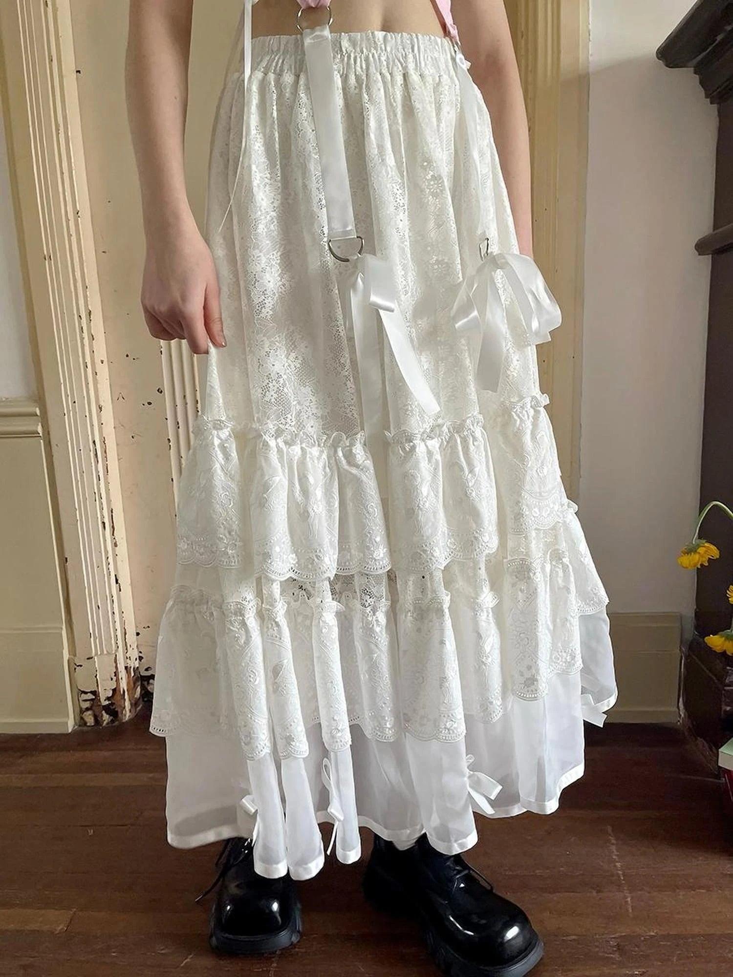 Lace Bow Embroidered Angel Maxi Skirt