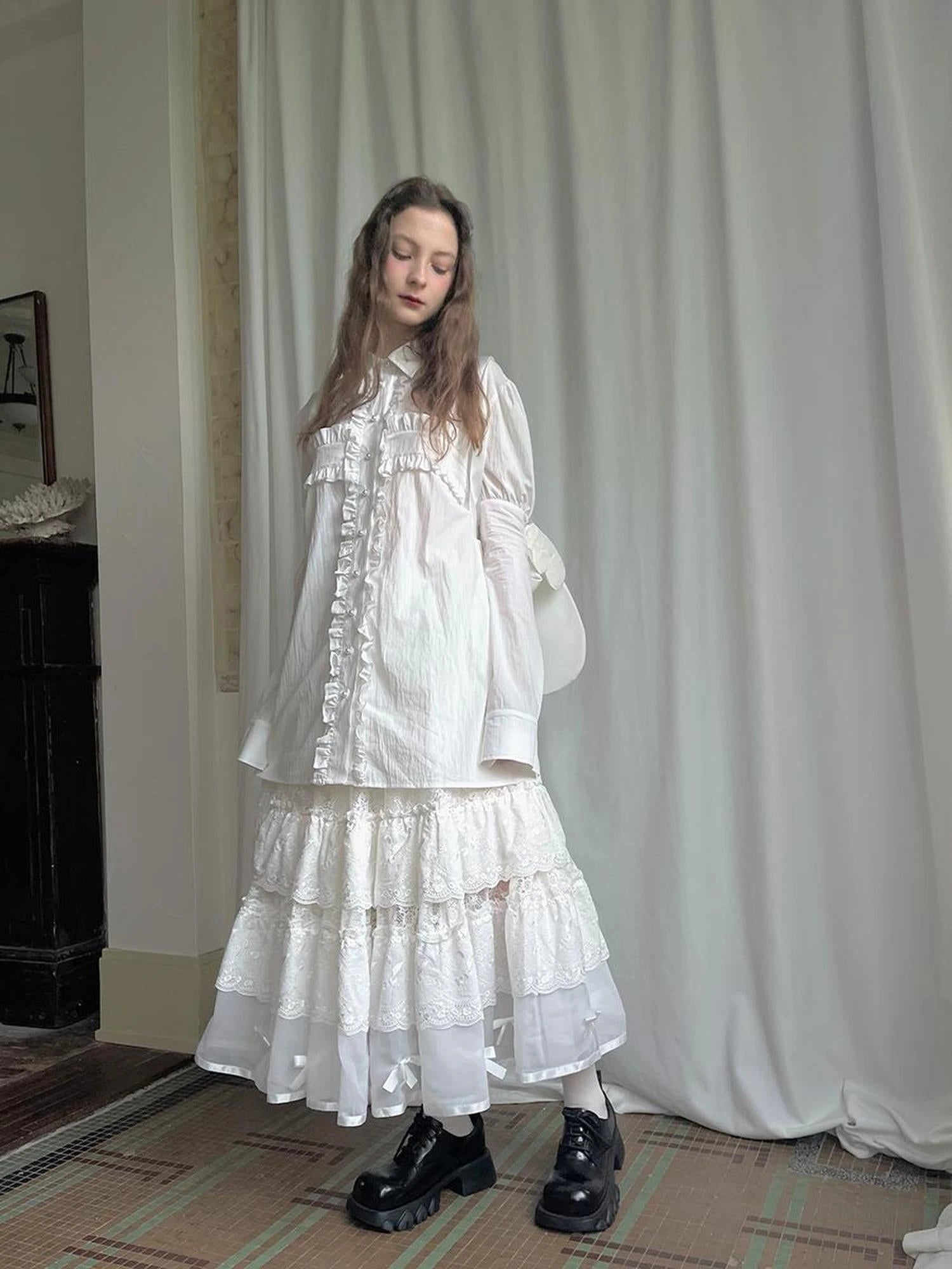 Lace Bow Embroidered Angel Maxi Skirt