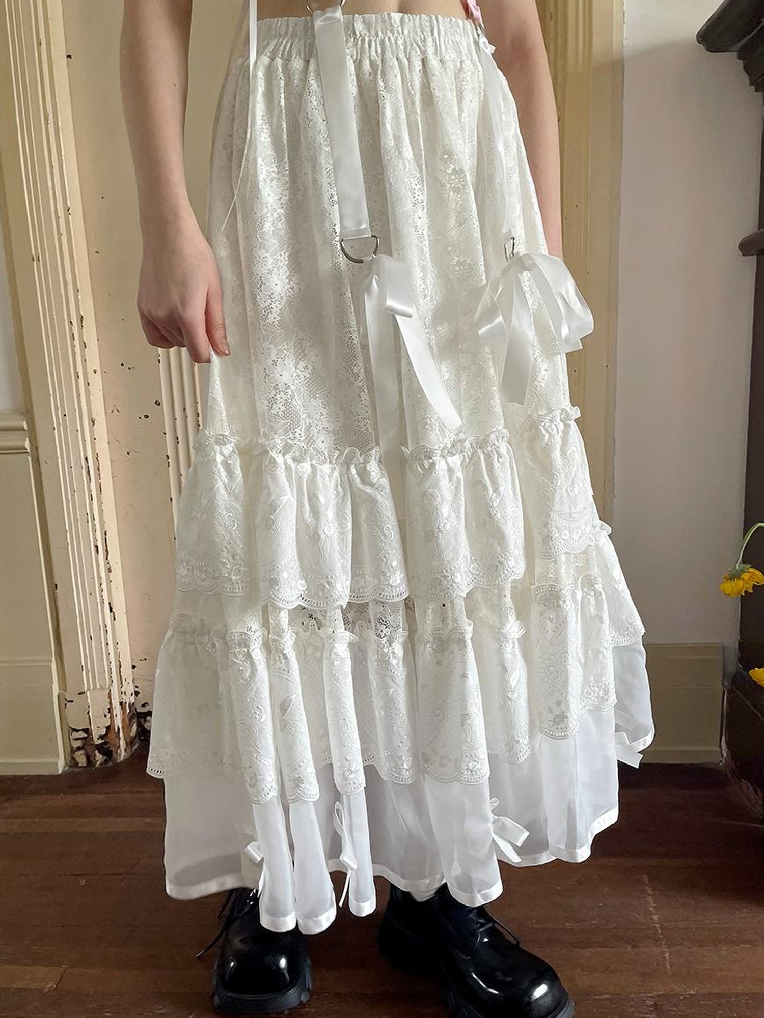 Daytoday Lace Bow Embroidered Angel Maxi Skirt