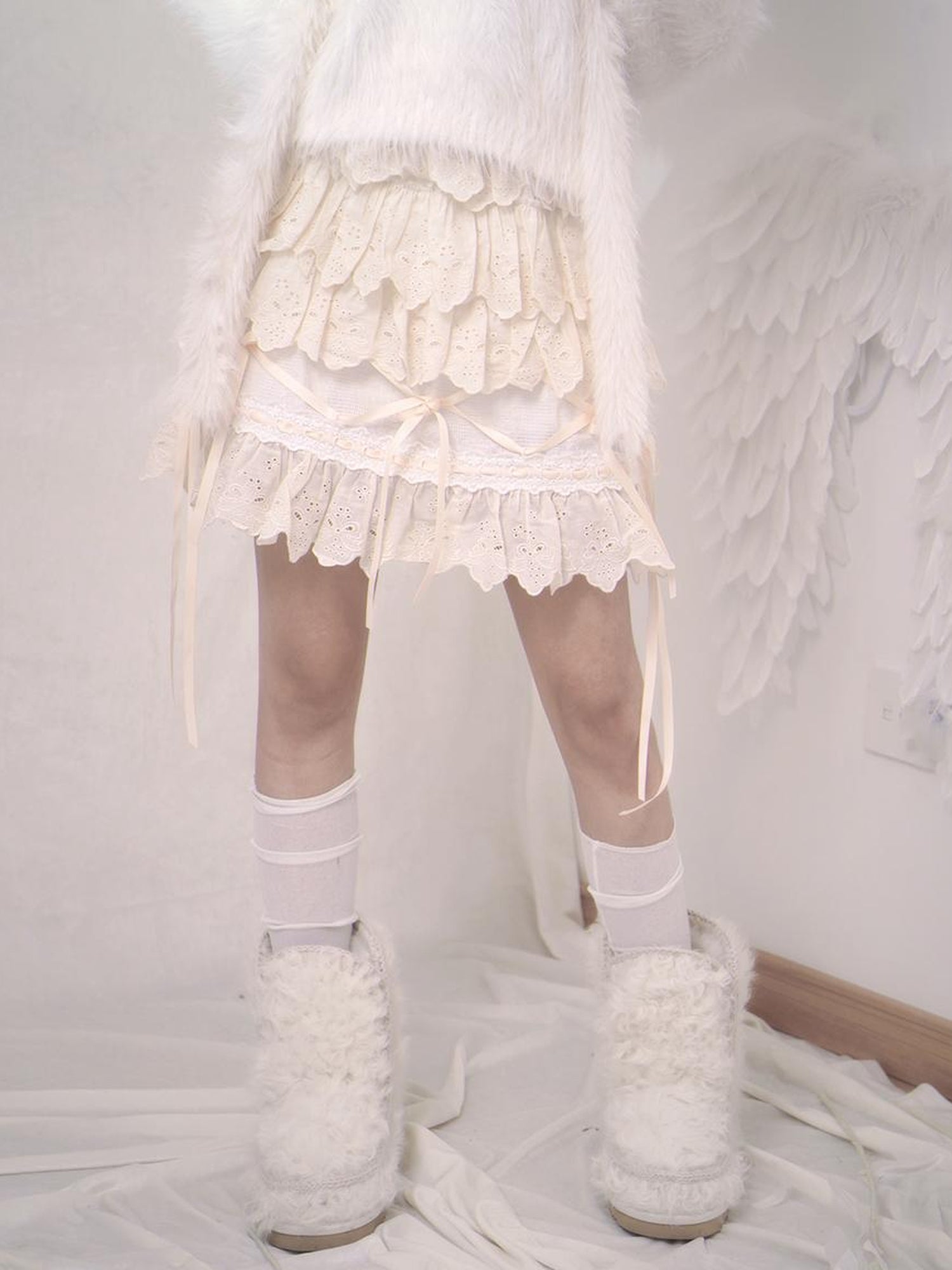 Daytoday Lace Bow Tie Waist Short Skirt With Elastic