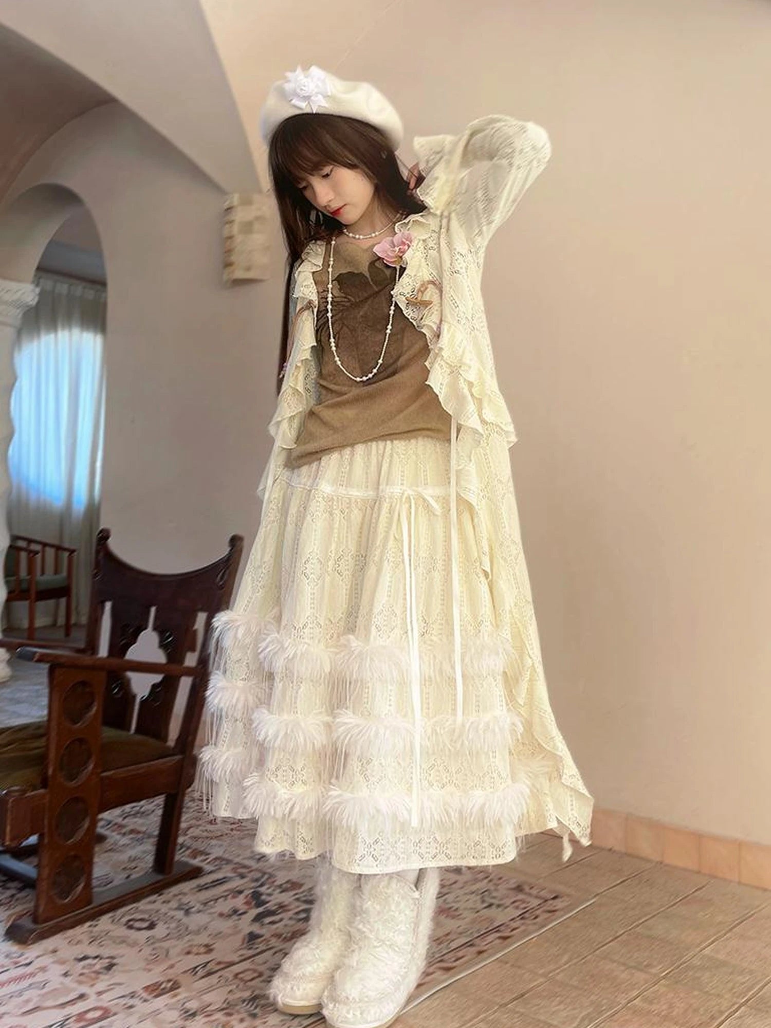 Lace Trimmed Maxi Dress With Asymmetric Hem