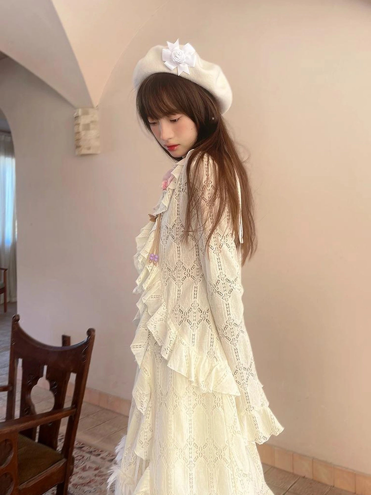 Lace Trimmed Maxi Dress With Asymmetric Hem