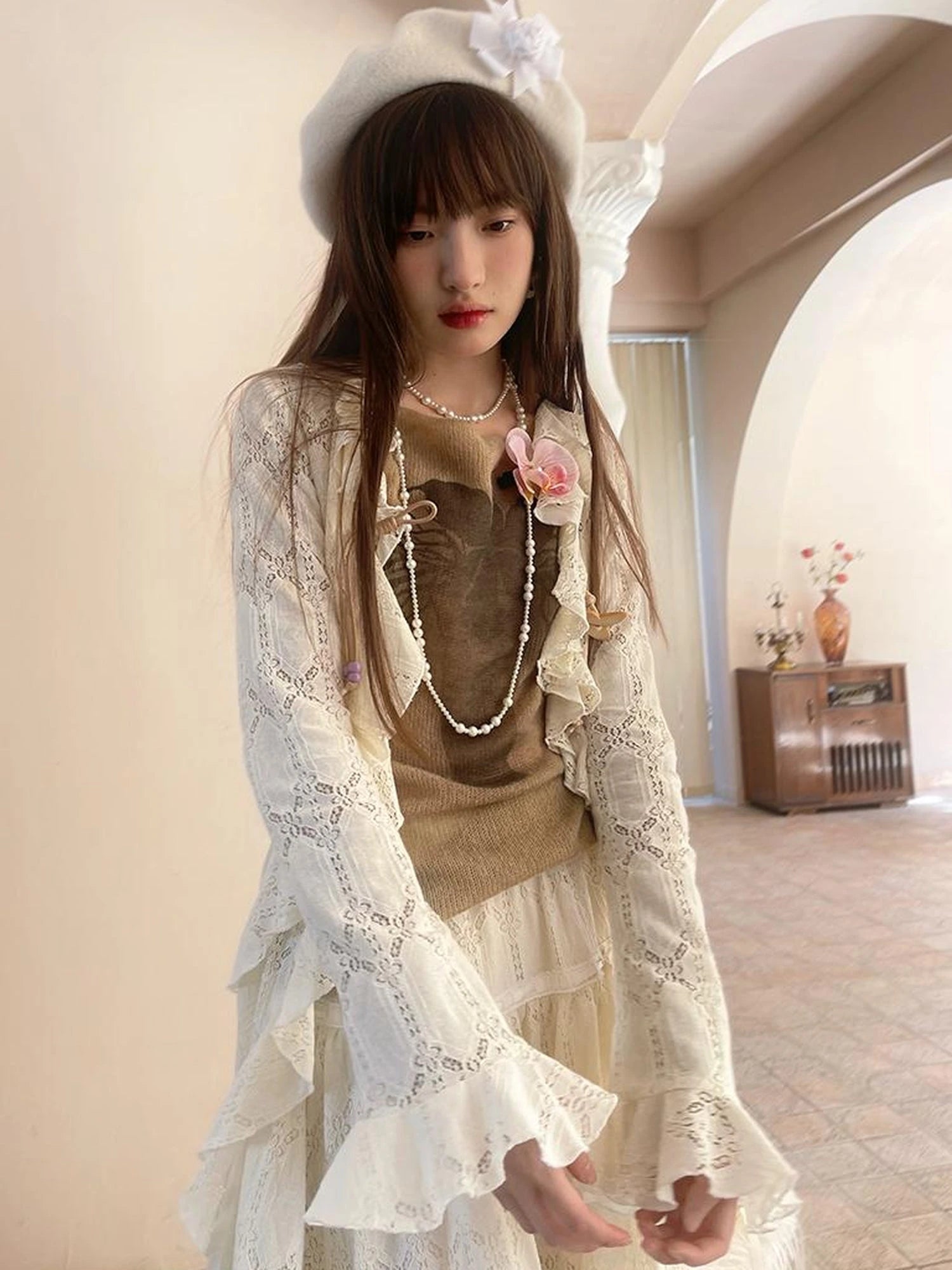 Lace Trimmed Maxi Dress With Asymmetric Hem