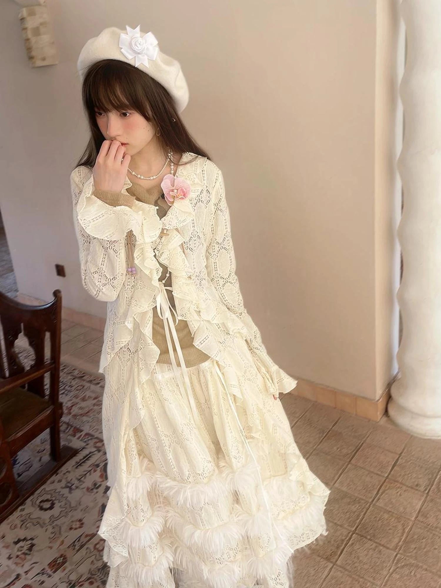 Lace Trimmed Maxi Dress With Asymmetric Hem