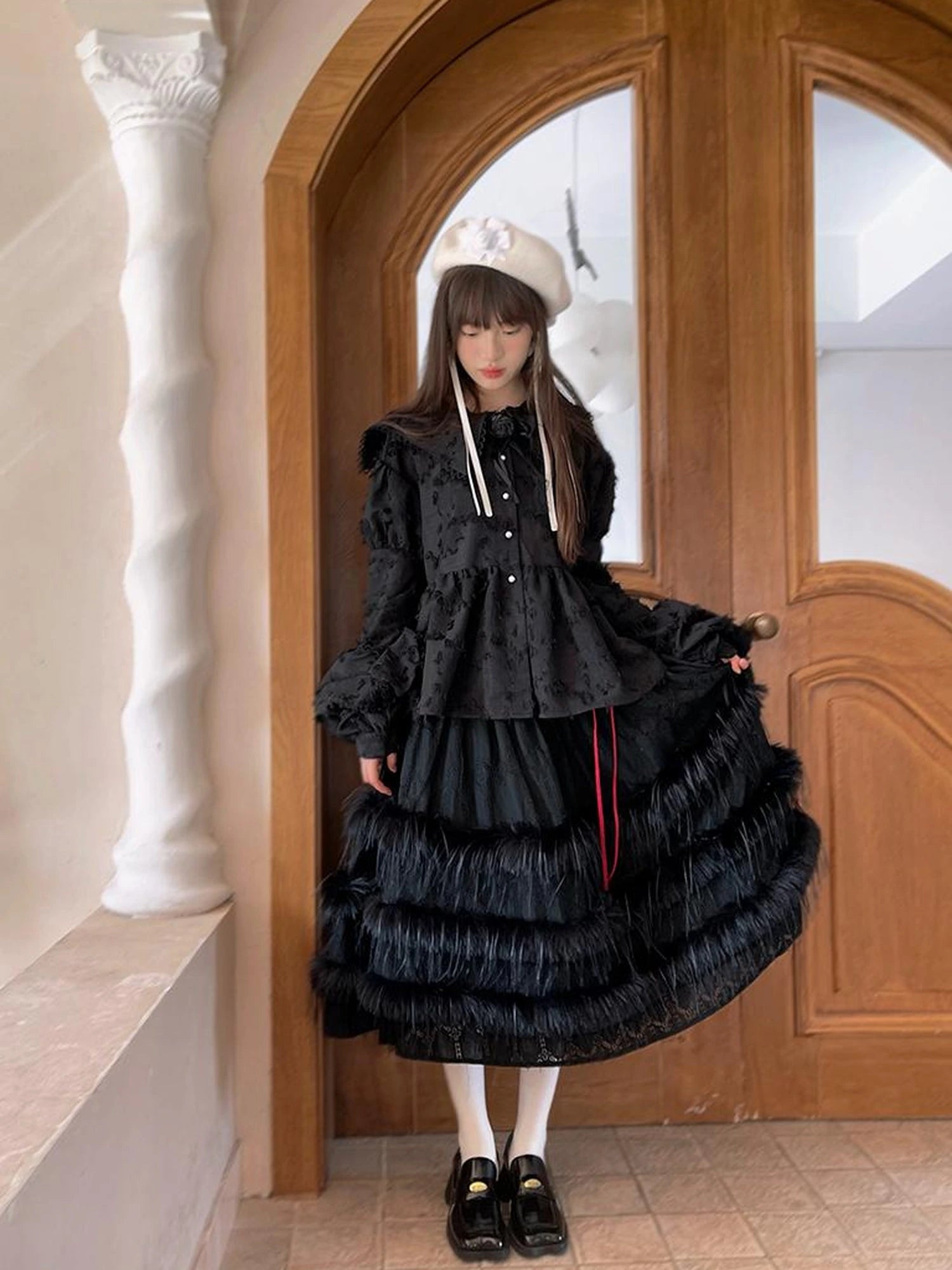 Lace Trimmed Plush Thermal Maxi Skirt