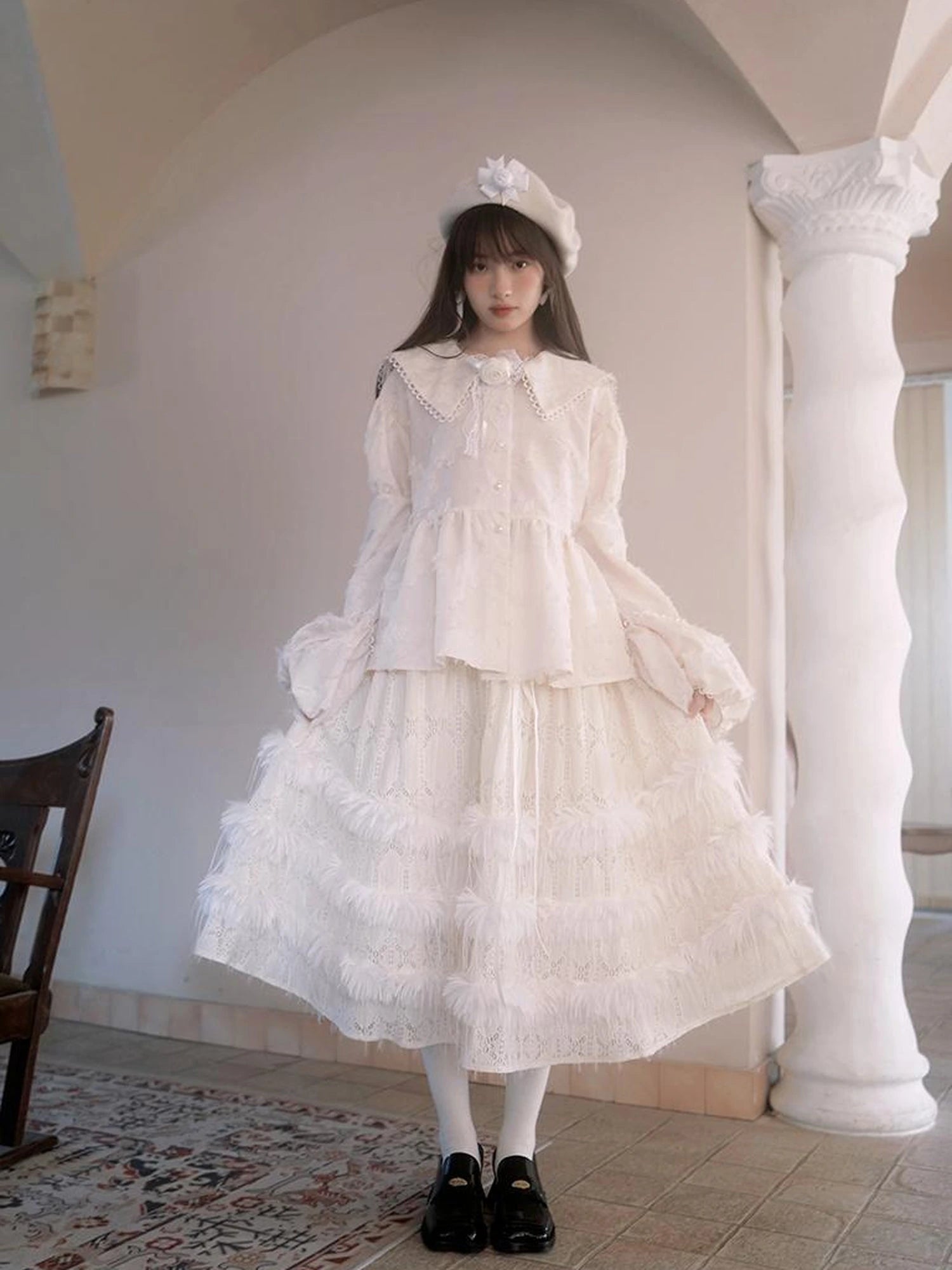 Lace Trimmed Plush Thermal Maxi Skirt