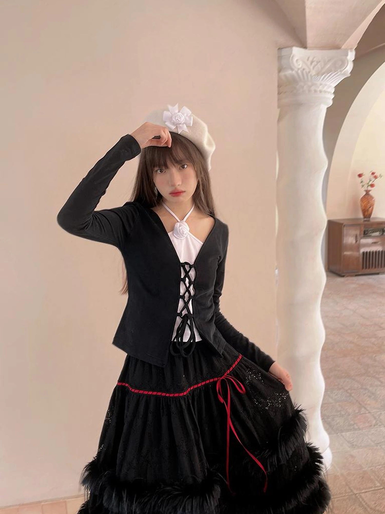 Lace Trimmed Plush Thermal Maxi Skirt