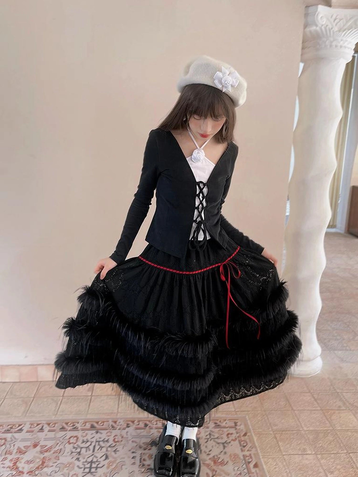 Lace Trimmed Plush Thermal Maxi Skirt