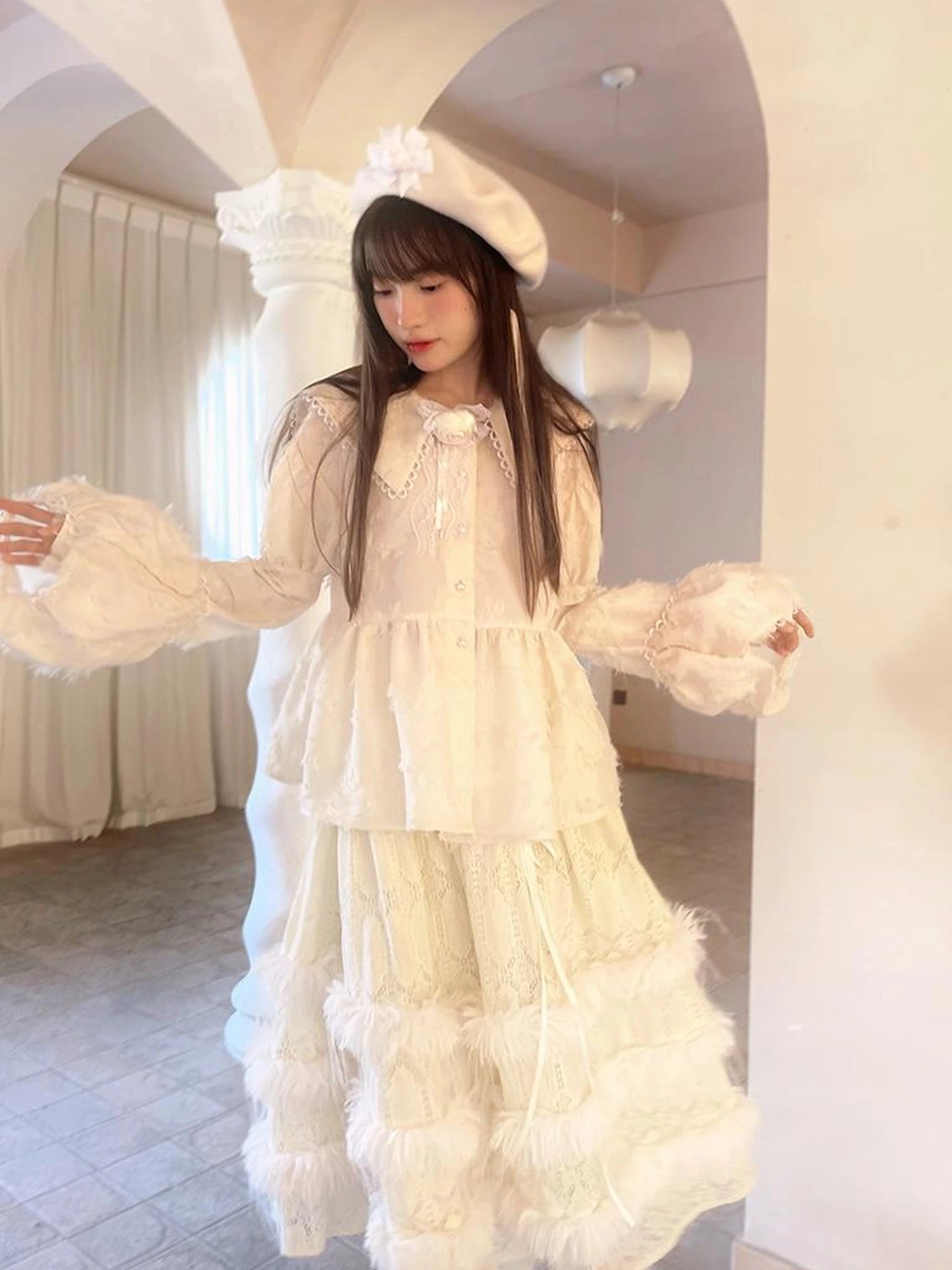 Lace Trimmed Plush Thermal Maxi Skirt