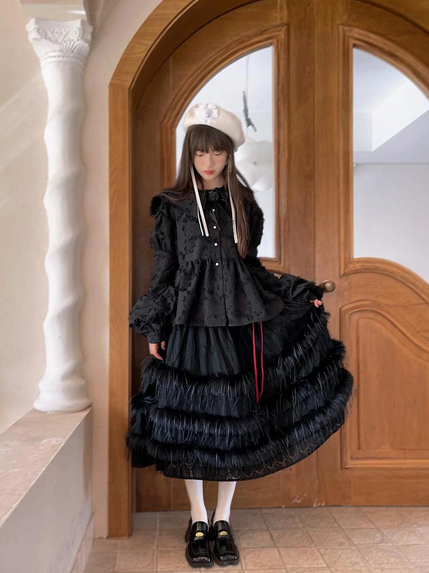 Lace Trimmed Plush Thermal Maxi Skirt