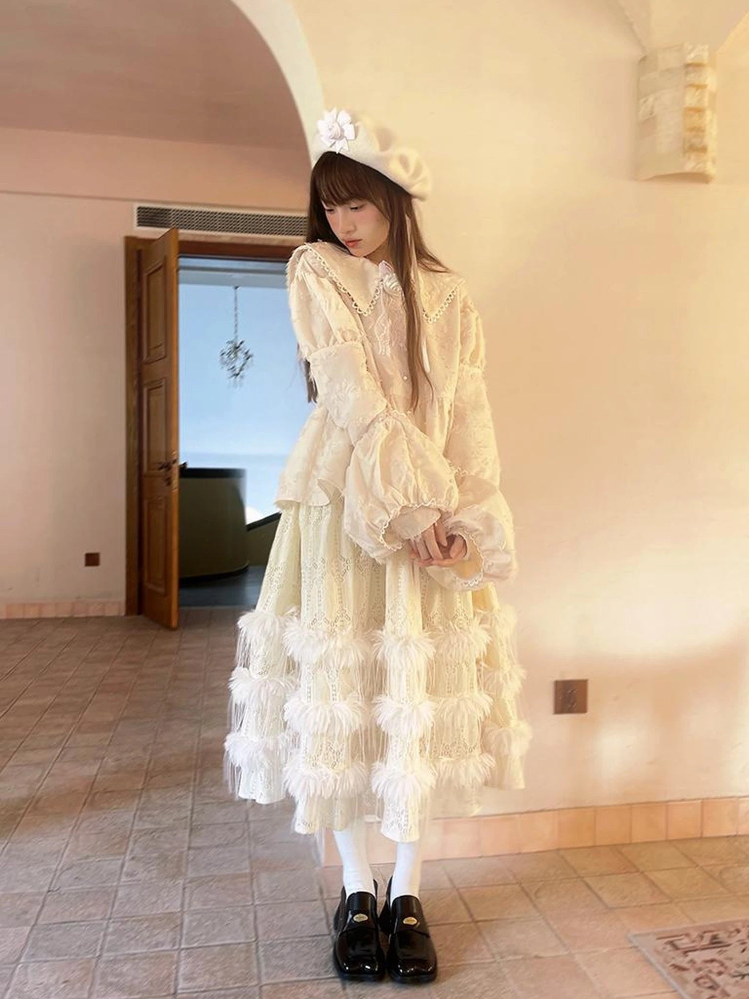 Lace Trimmed Plush Thermal Maxi Skirt