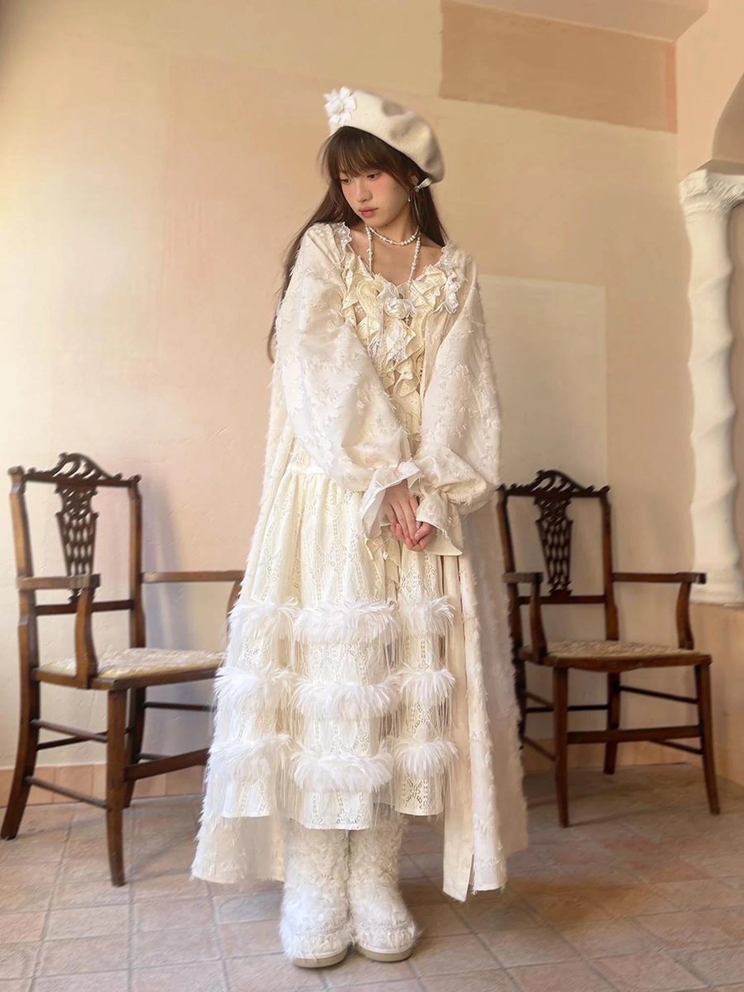 Lace Trimmed Plush Thermal Maxi Skirt