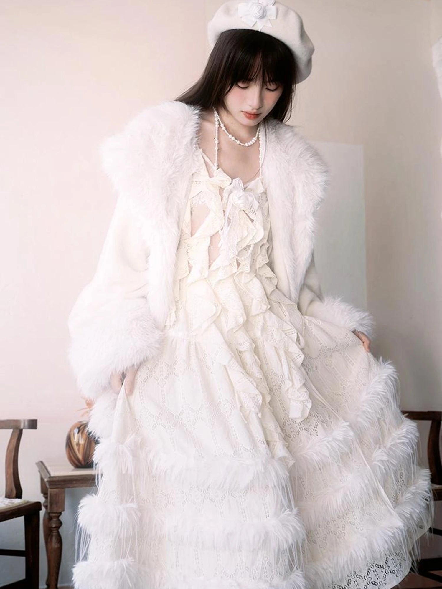 Lace Trimmed Plush Thermal Maxi Skirt