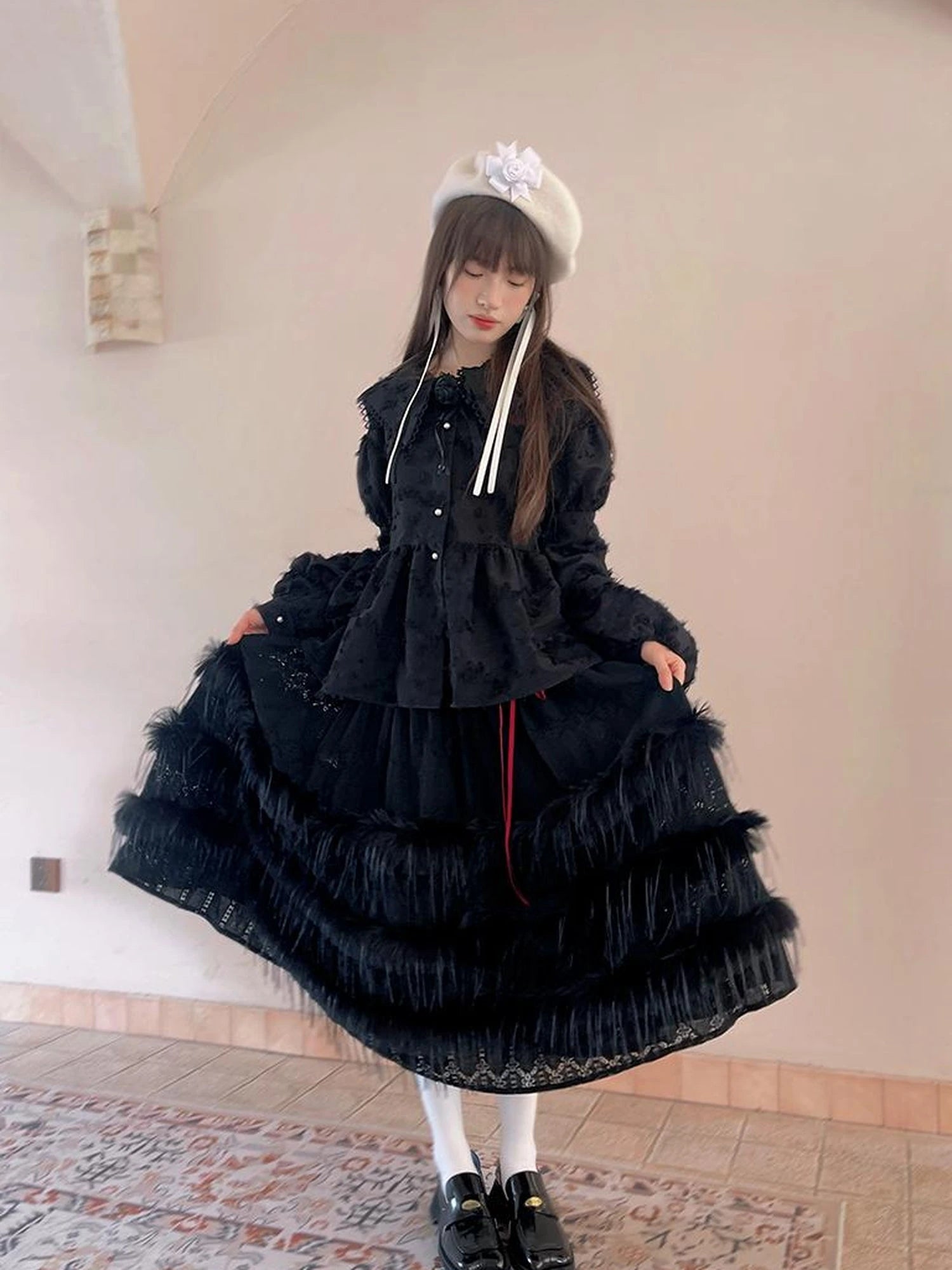 Lace Trimmed Plush Thermal Maxi Skirt