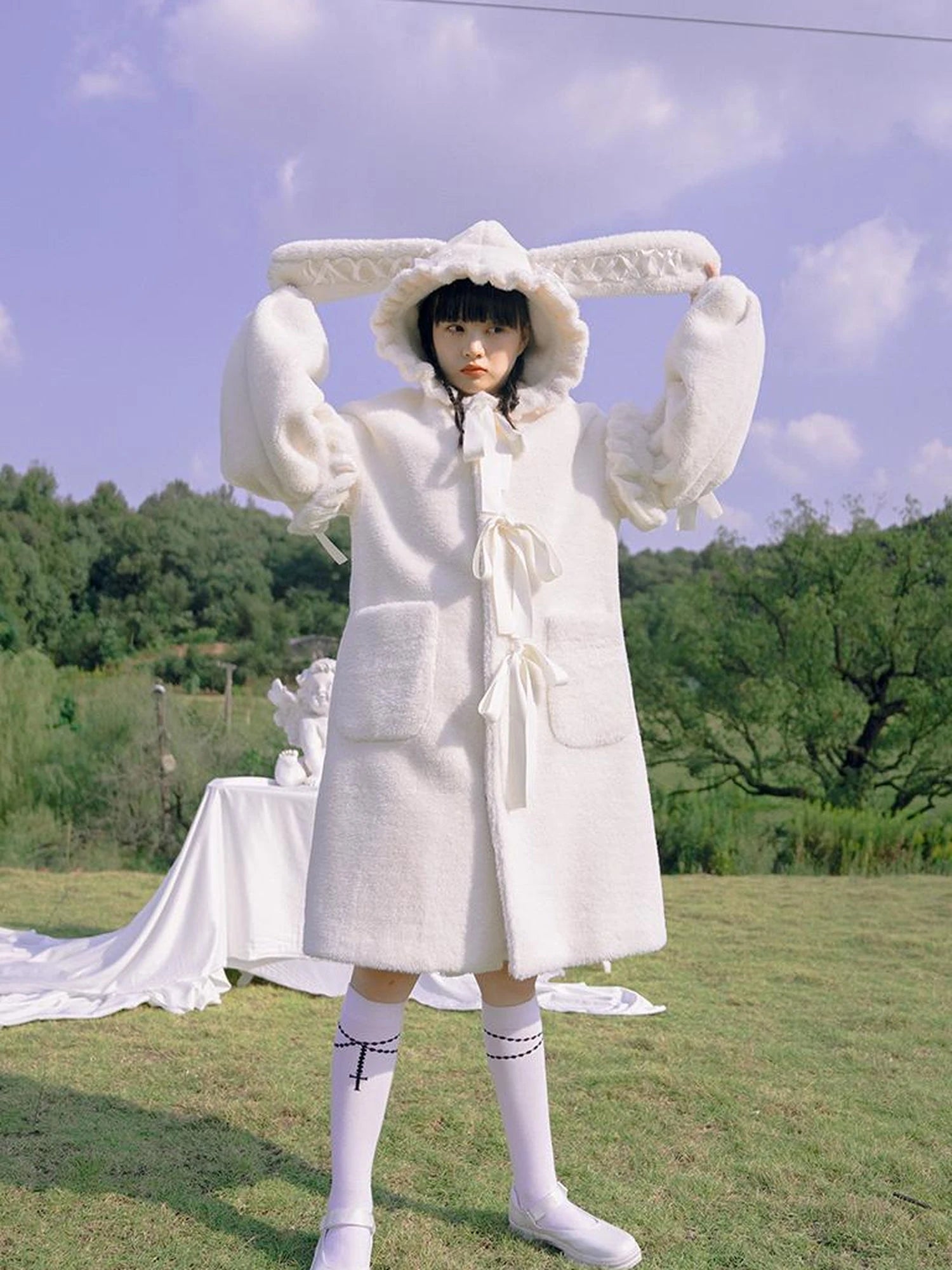 Love Fear Rabbit Ear Bow Wool Coat