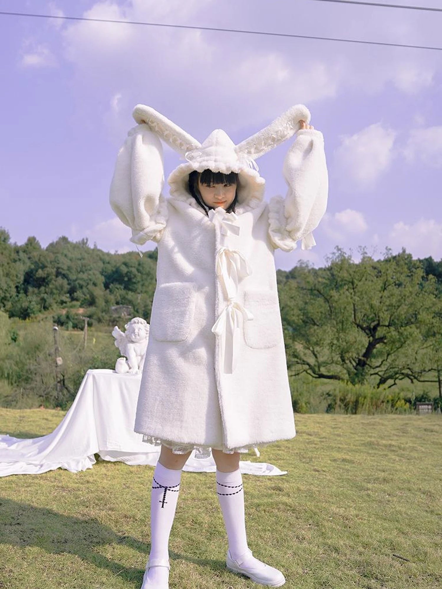 Love Fear Rabbit Ear Bow Wool Coat