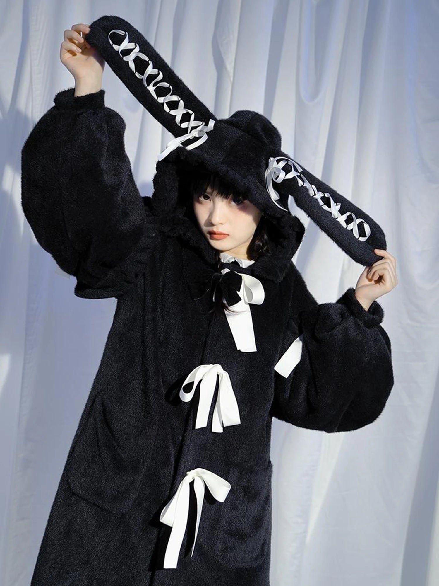 Love Fear Rabbit Ear Bow Wool Coat