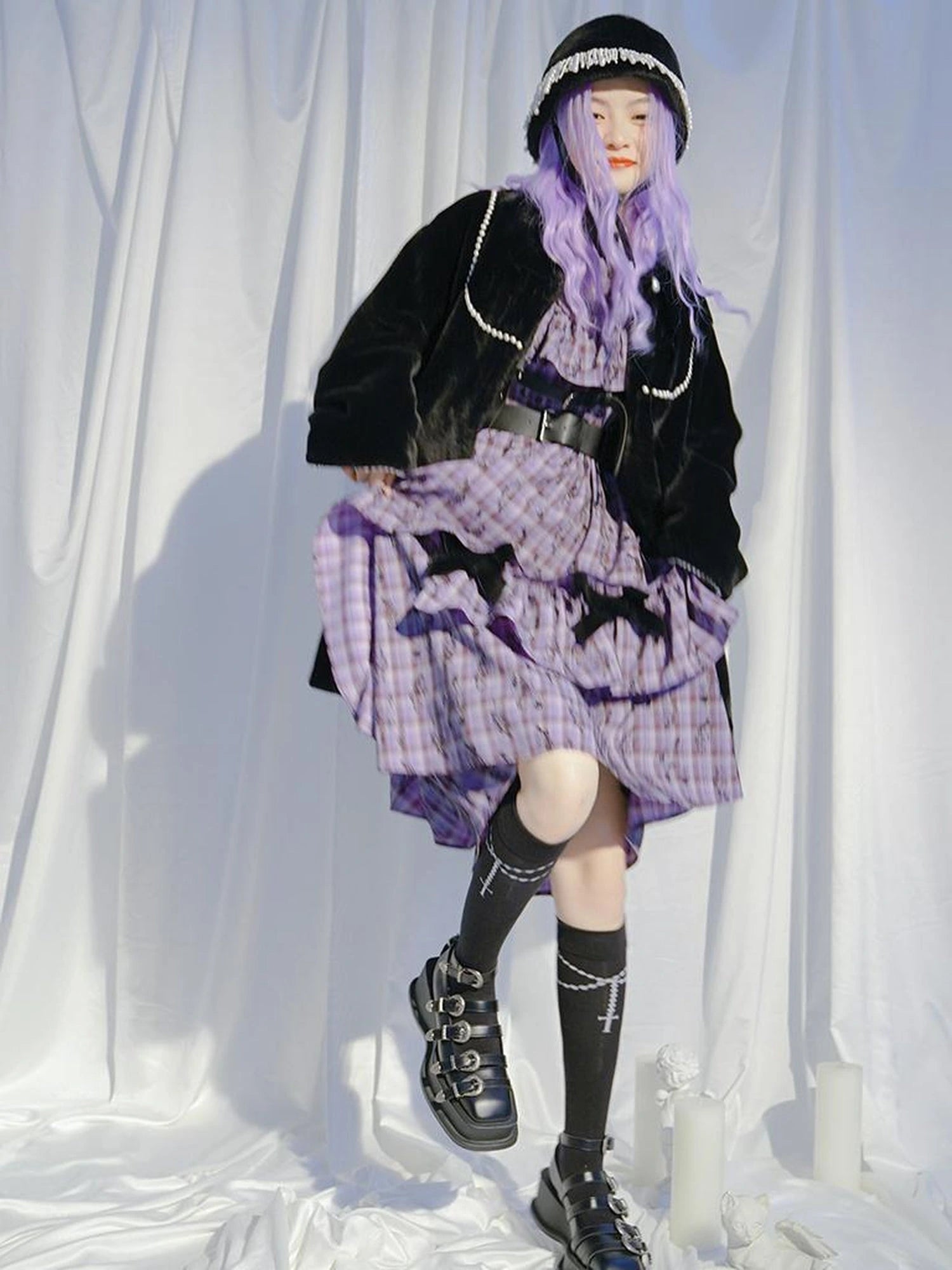 Love Is Horrible Butterfly Jacquard Lace Plaid Long Sleeve Dress