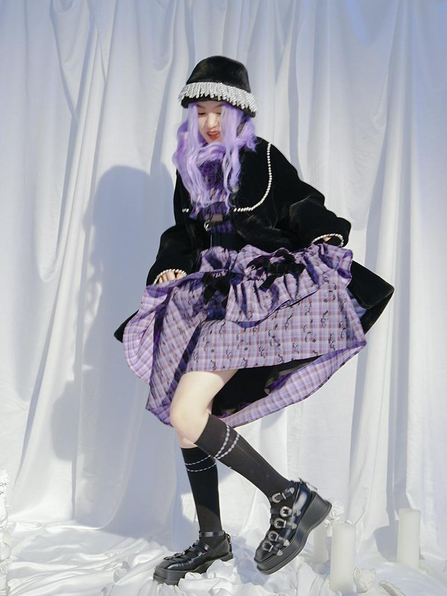 Daytoday Love Is Horrible Butterfly Jacquard Lace Plaid Long Sleeve Dress