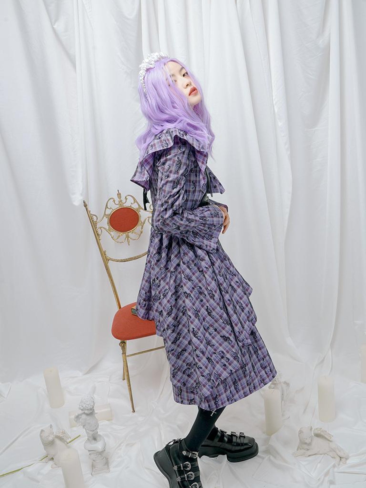 Daytoday Love Is Horrible Butterfly Jacquard Lace Plaid Long Sleeve Dress
