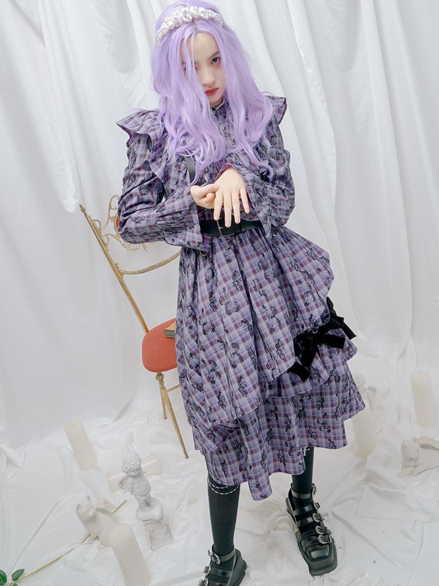 Daytoday Love Is Horrible Butterfly Jacquard Lace Plaid Long Sleeve Dress
