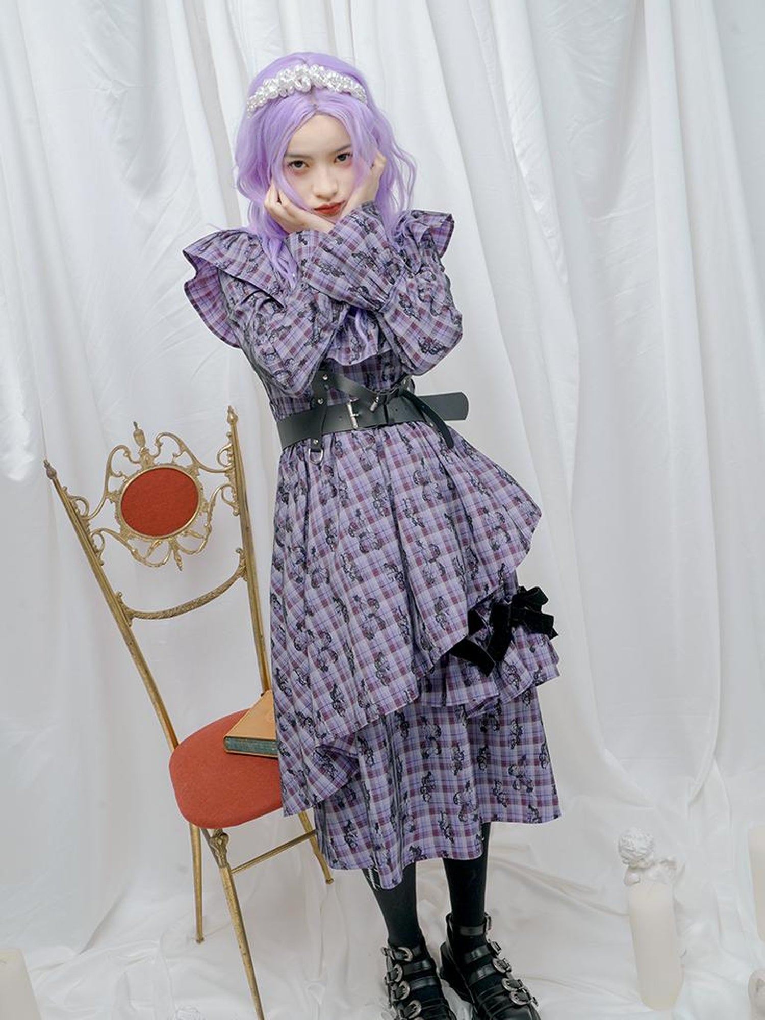 Daytoday Love Is Horrible Butterfly Jacquard Lace Plaid Long Sleeve Dress