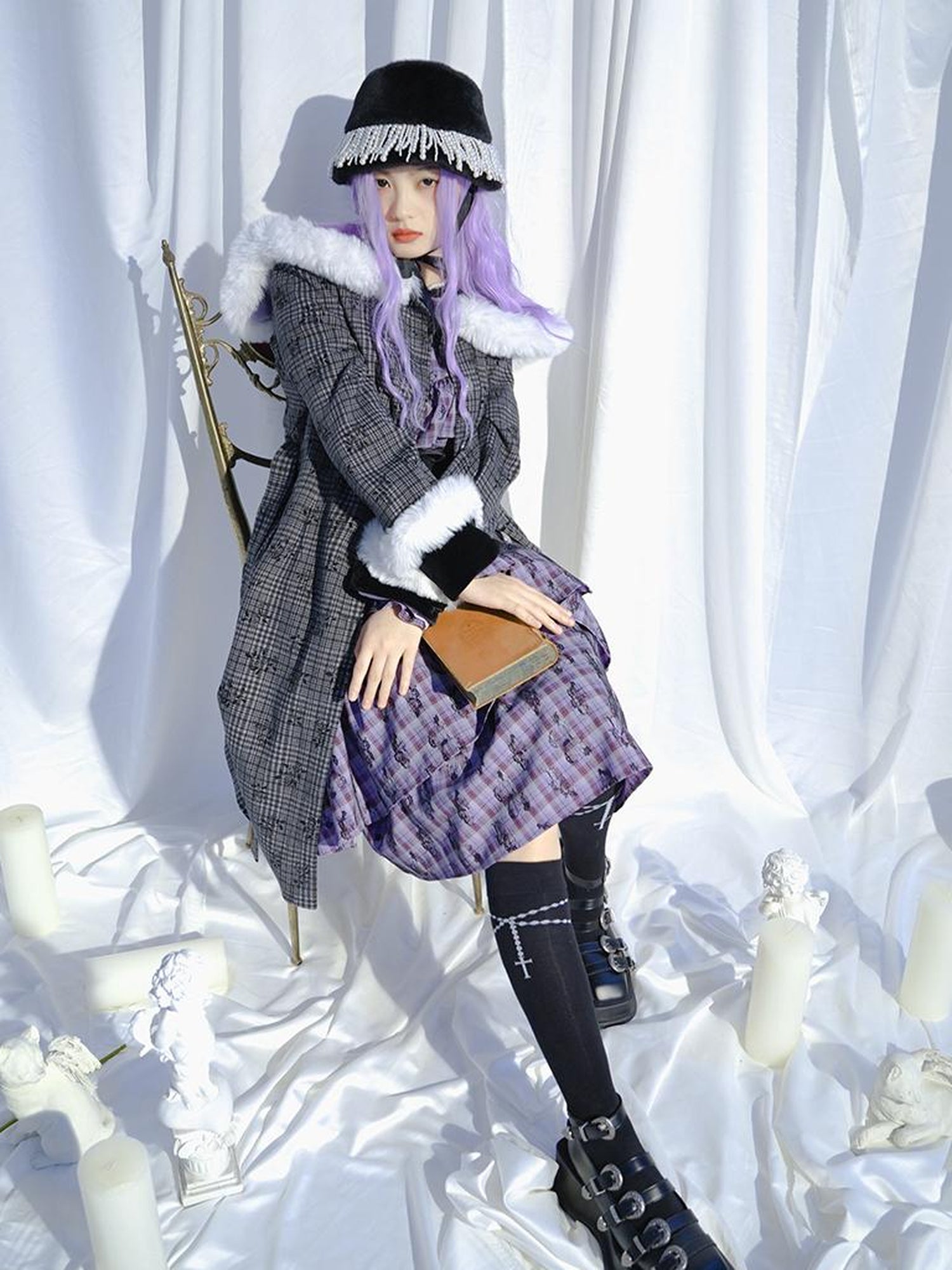 Daytoday Love Is Horrible Butterfly Jacquard Lace Plaid Long Sleeve Dress