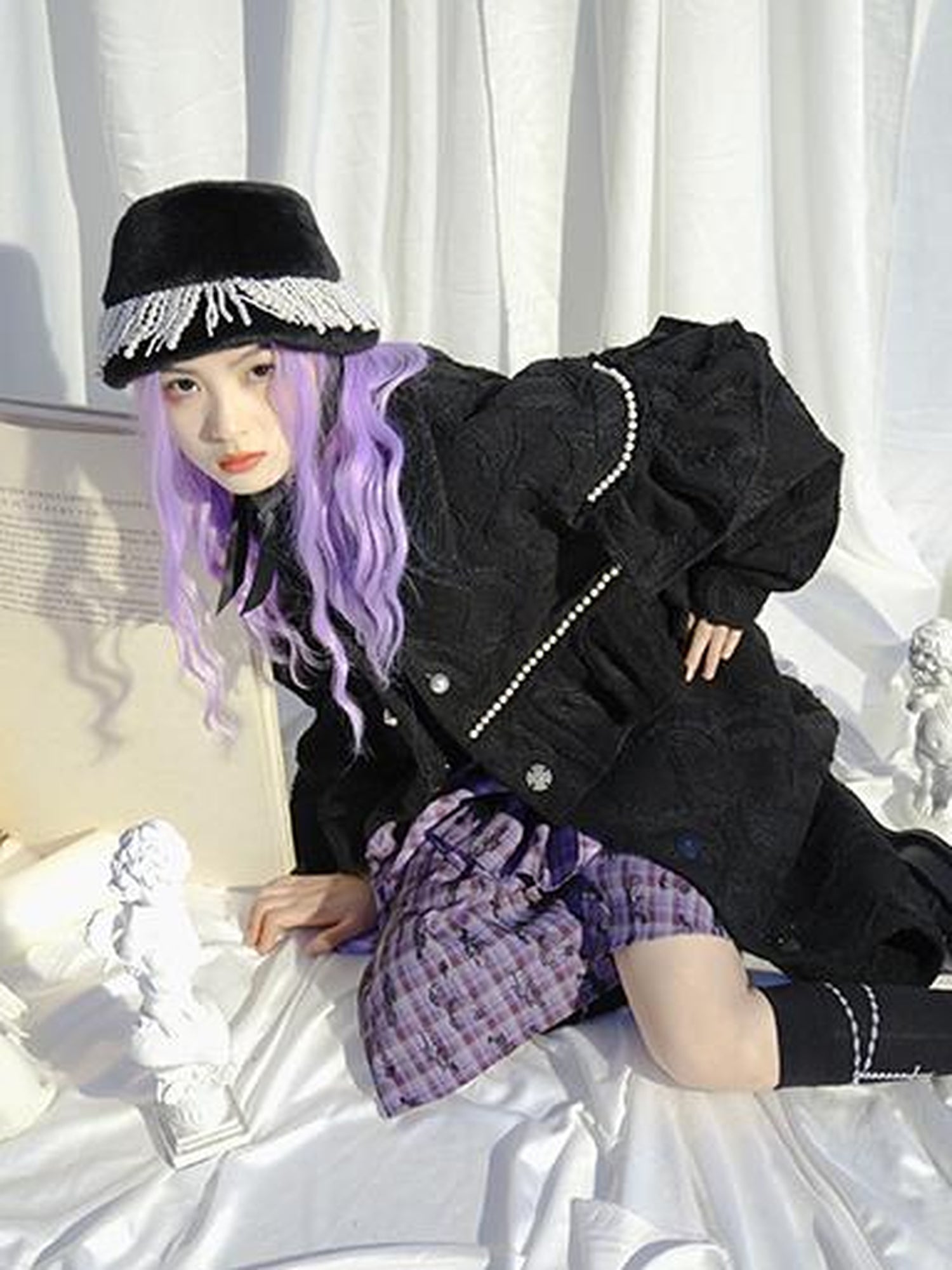 Daytoday Love Is Horrible Butterfly Jacquard Lace Plaid Long Sleeve Dress