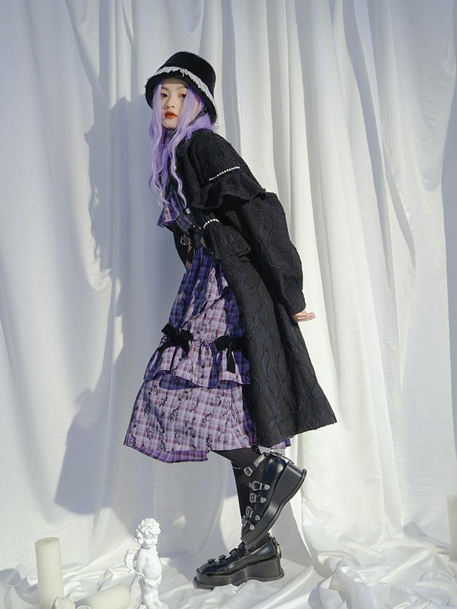 Daytoday Love Is Horrible Butterfly Jacquard Lace Plaid Long Sleeve Dress