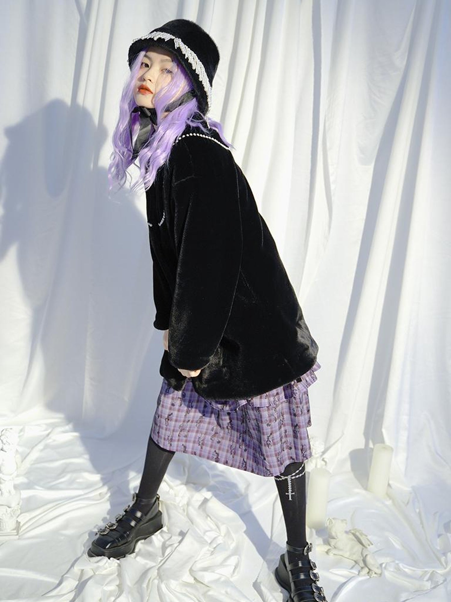Daytoday Love Is Horrible Butterfly Jacquard Lace Plaid Long Sleeve Dress