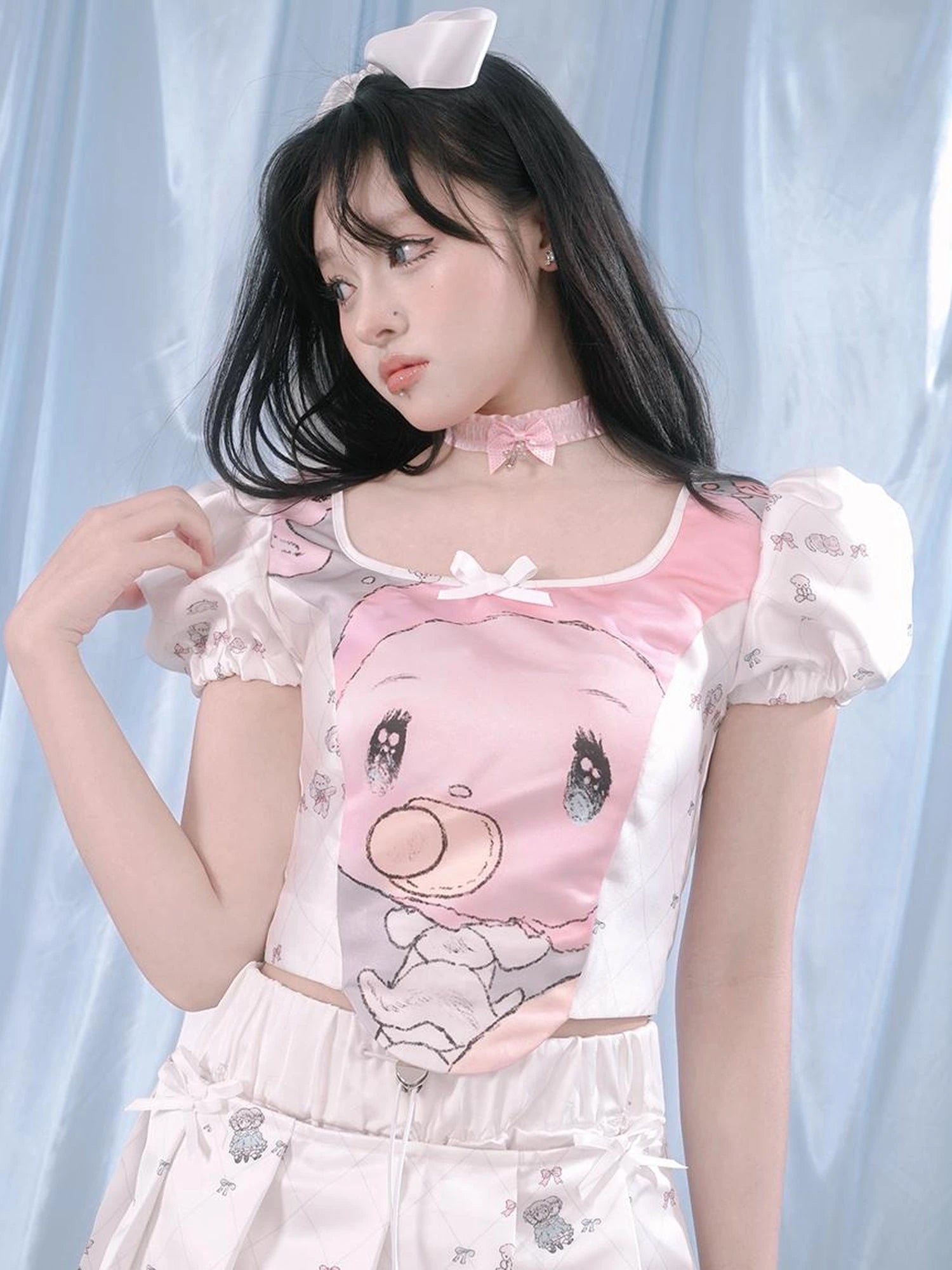 Milky Hearts Angel Print Bubble Sleeve Blouse