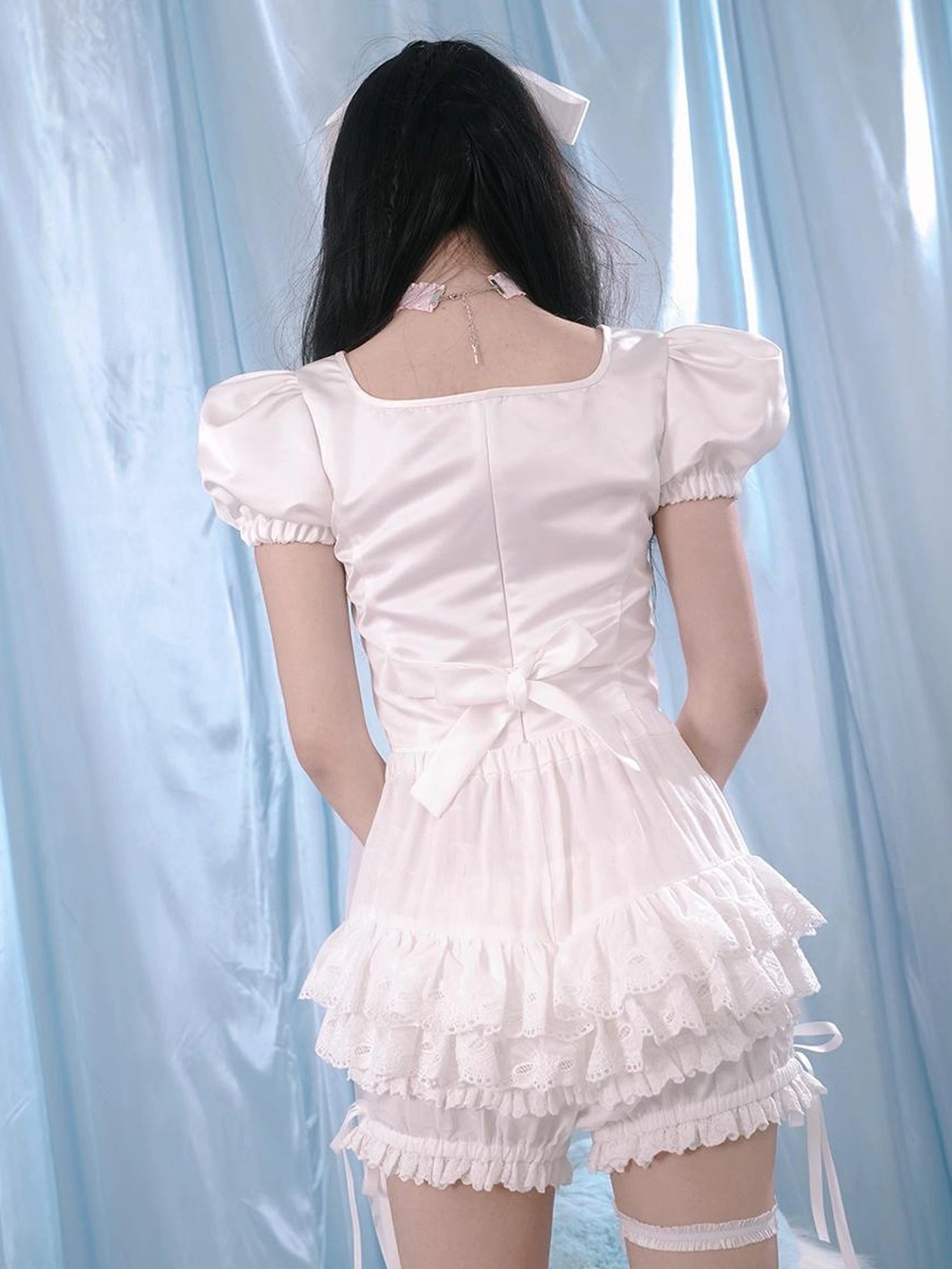 Milky Hearts Angel Print Bubble Sleeve Blouse