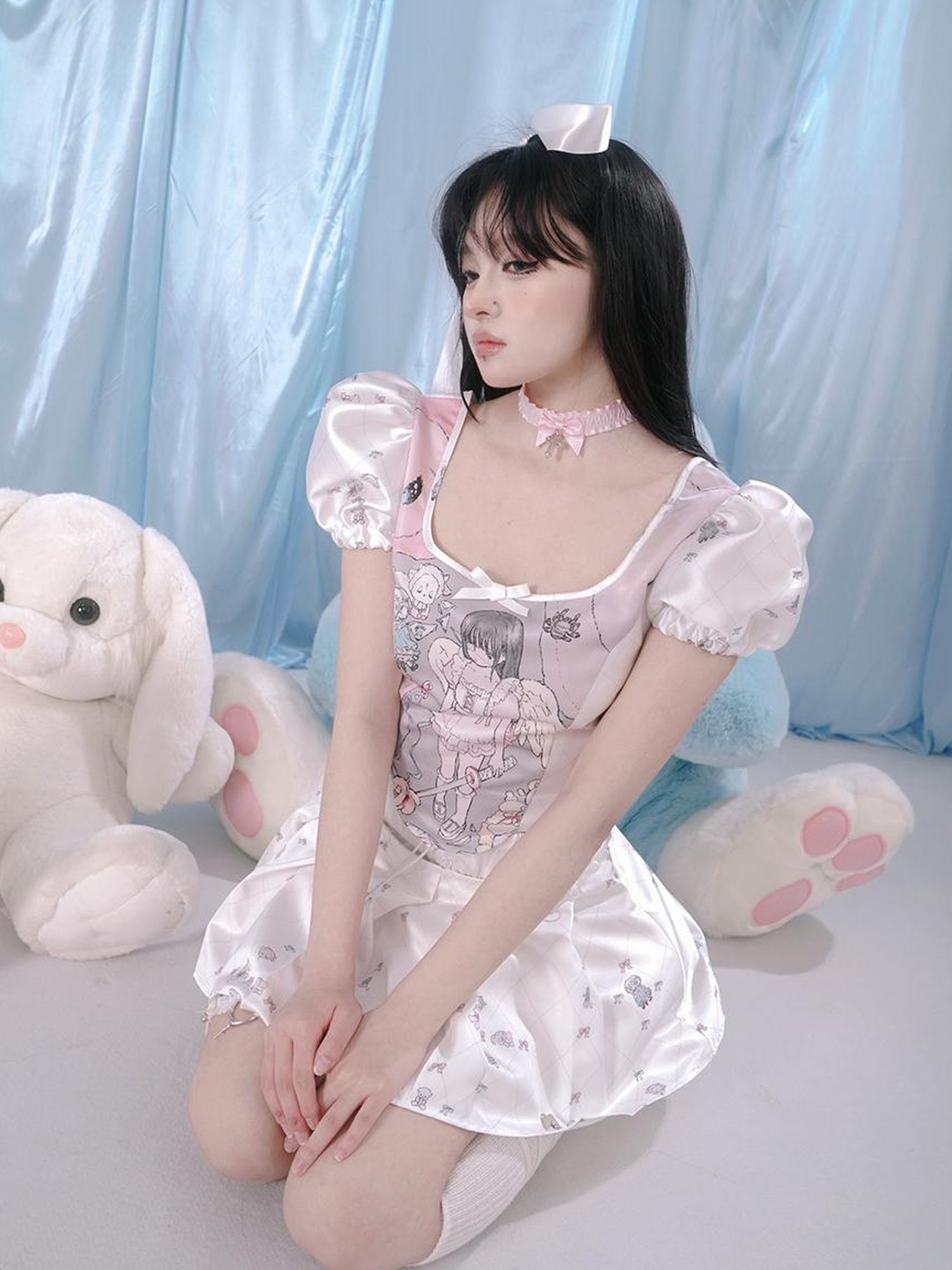 Daytoday Milky Hearts Angel Print Bubble Sleeve Blouse