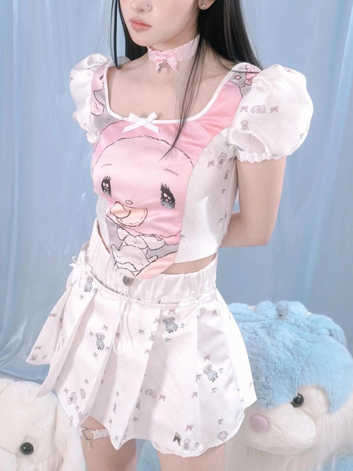 Milky Hearts Angel Print Bubble Sleeve Blouse