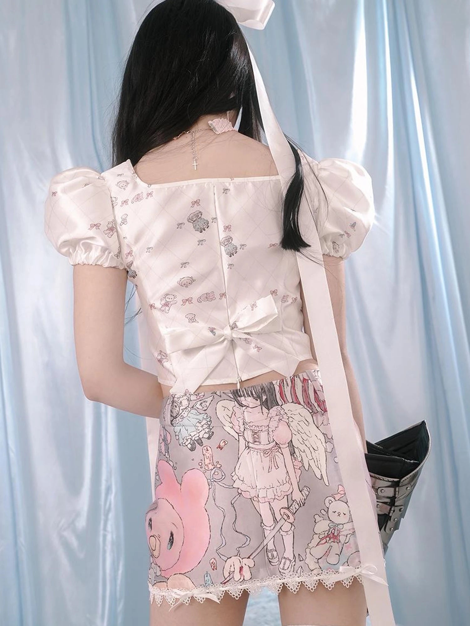 Milky Hearts Angel Print Bubble Sleeve Blouse