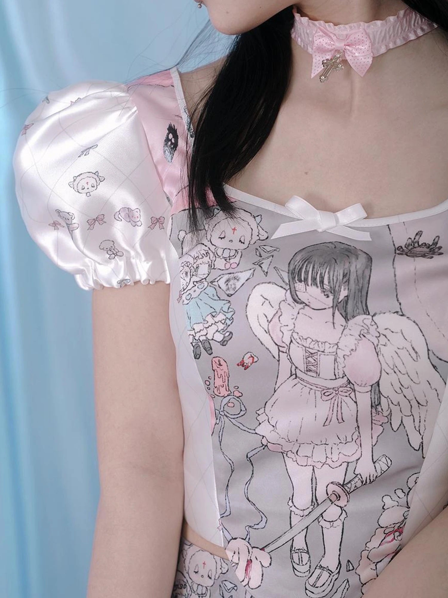 Milky Hearts Angel Print Bubble Sleeve Blouse