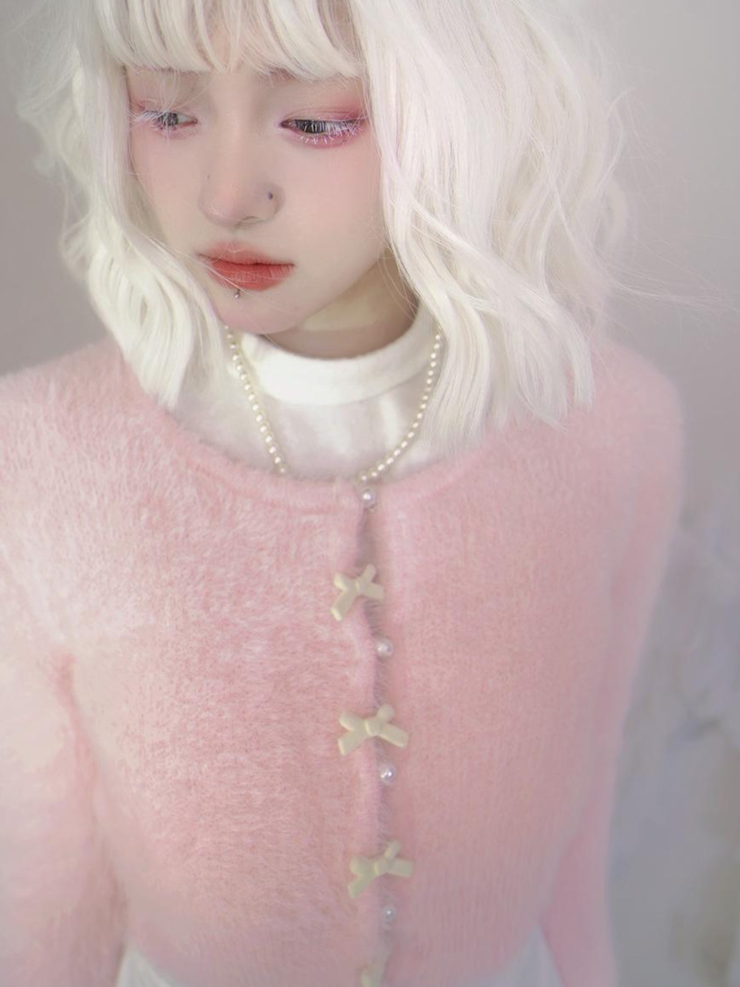 Daytoday Pearl Bow Short Knit Cardigan Pure Color Versatile