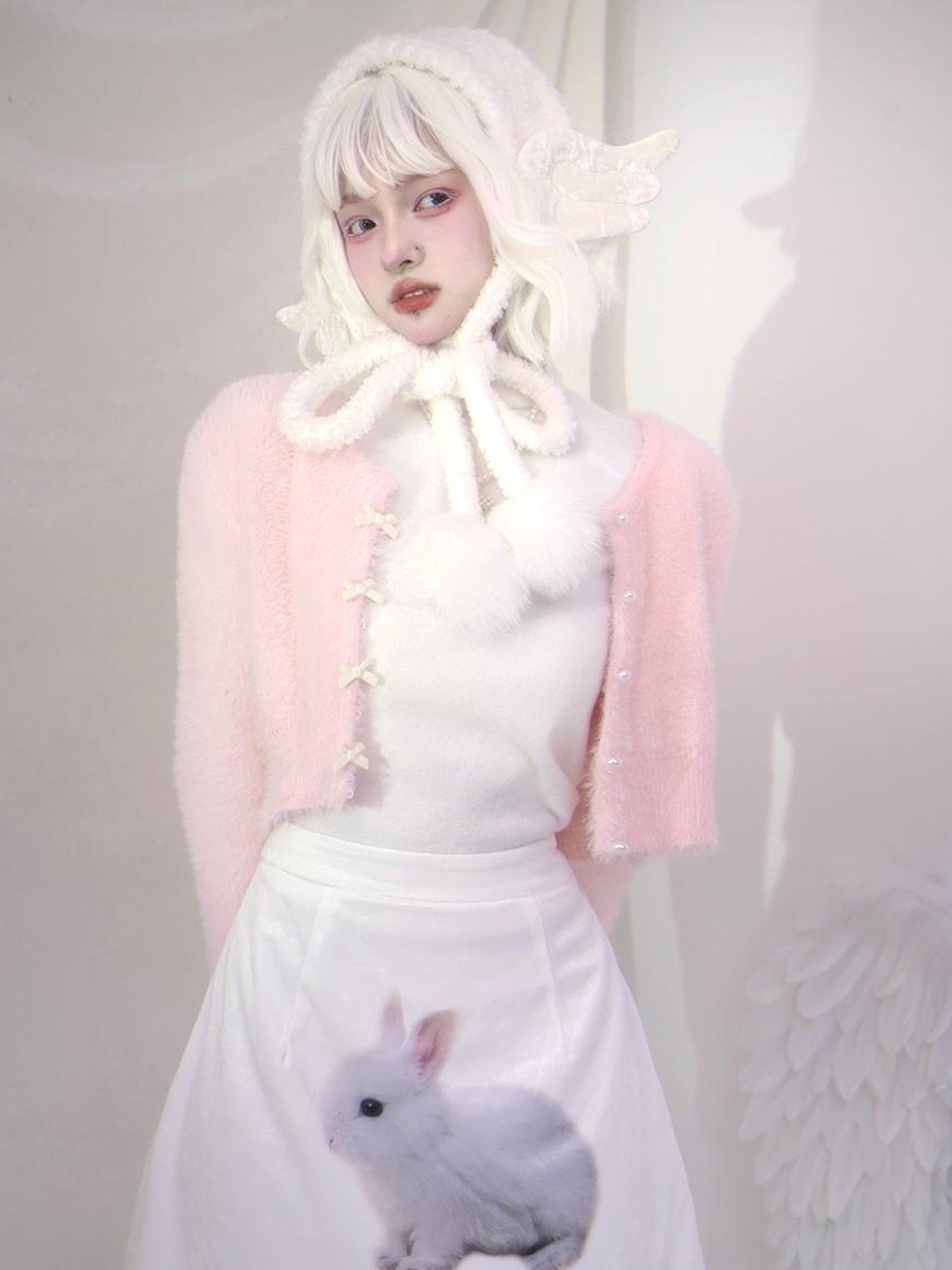 Daytoday Pearl Bow Short Knit Cardigan Pure Color Versatile