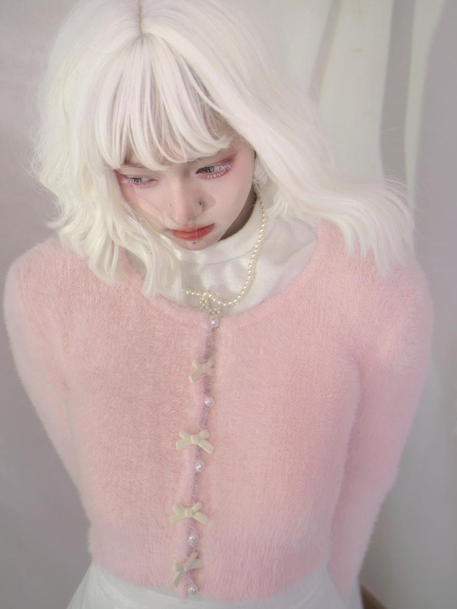 Daytoday Pearl Bow Short Knit Cardigan Pure Color Versatile